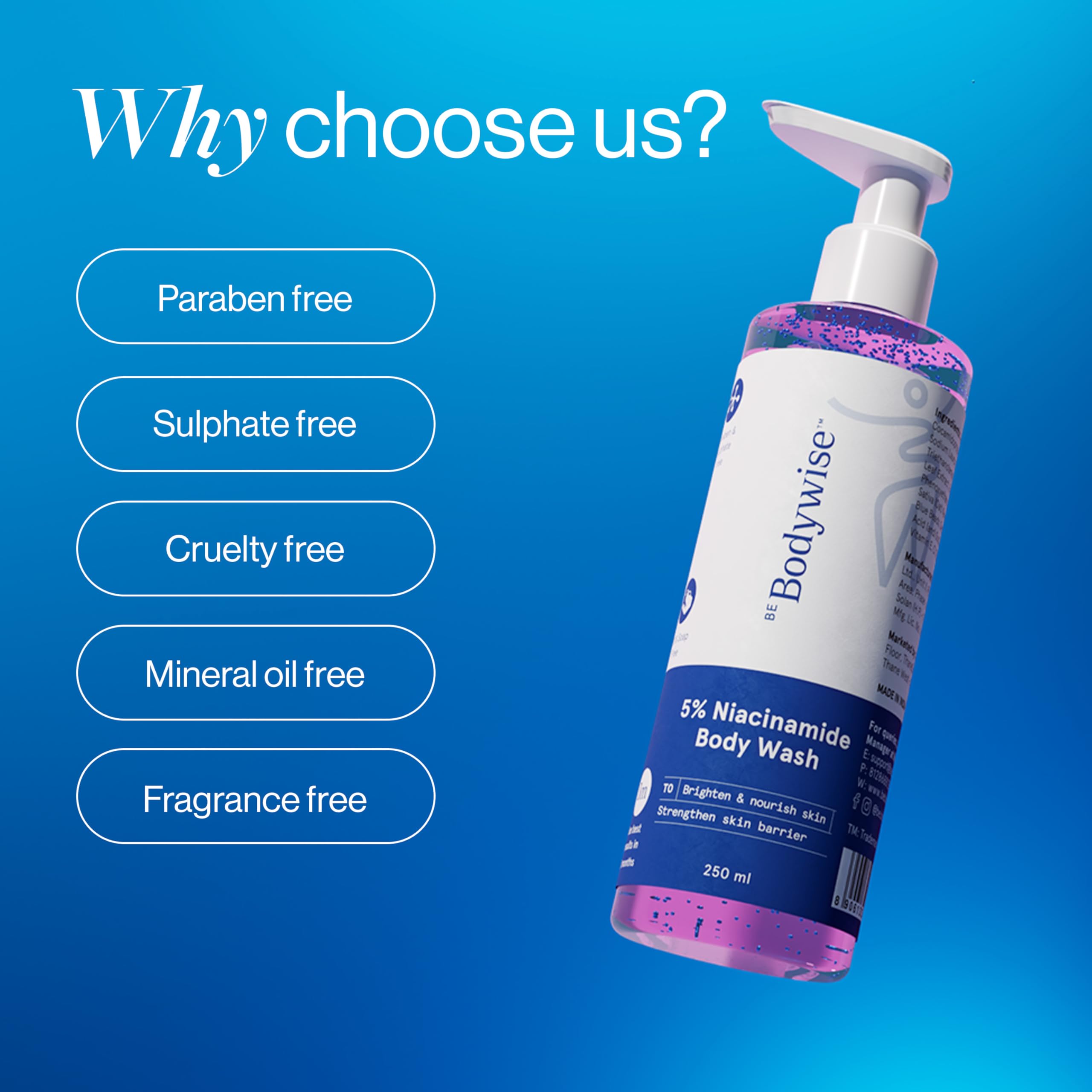 Be Bodywise 5% Niacinamide Brightening Body Wash | Hydrates & Deep Cleanses Skin | For Glowing & Hydrated Skin | With Aloe vera, Vitamin B3 & E | For All Skin Types | 250ml