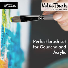 BRUSTRO VelveTouch Artist Brushes | Set of 6 | Gouache, Acrylics, Watercolor, and Oil Painting | Short Handle, Synthetic Bristles, Round, Filbert, Dagger, Flat Shape