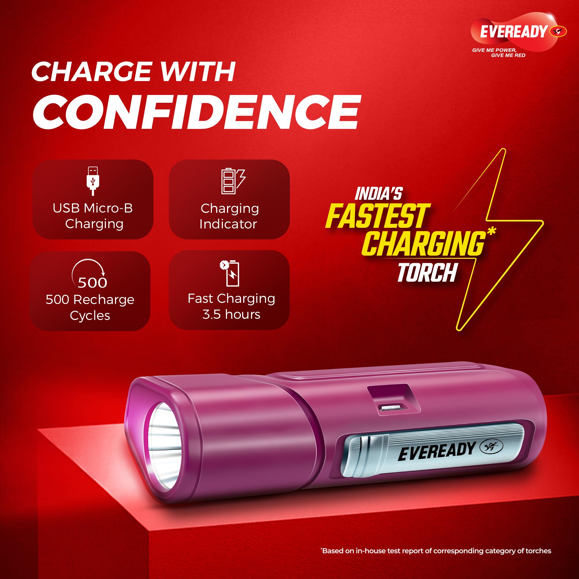 Eveready Pocketlite DL100, Rechargeable 1W LED Torch Cum Emergency 2W Sidelight, Type-B/Micro-USB Fast Charging, Overcharge & Deep Discharge Protection, Powered by Li-Ion Battery