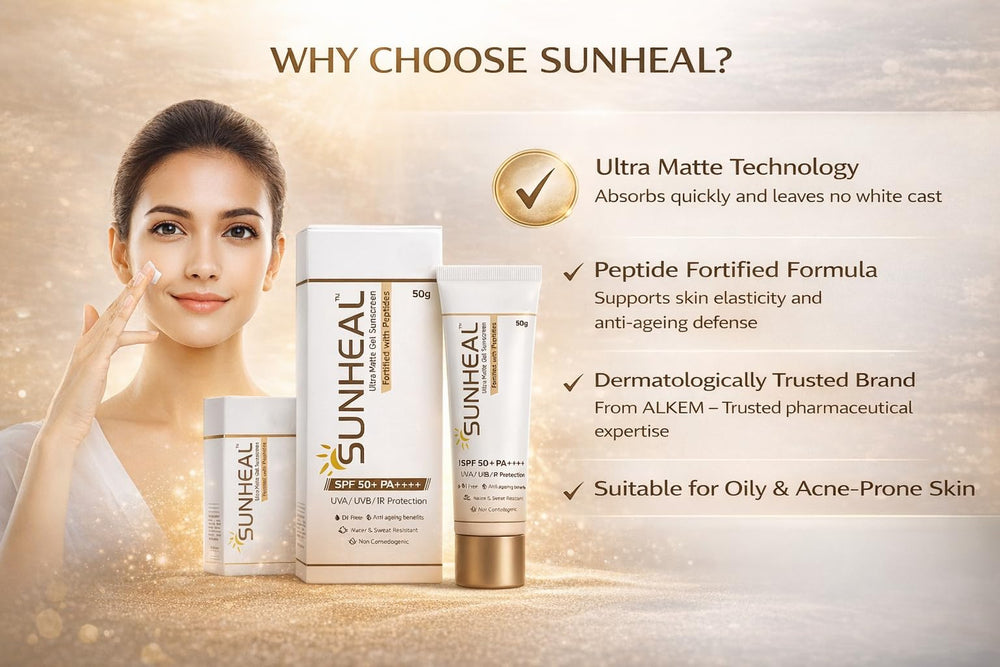 Sun-heal Ultra Matte Gel Sunscreen SPF 50+ PA++++ | UVA/UVB/IR Protection | Oil-Free & Non-Comedogenic | Water & Sweat Resistant | Anti-Ageing Peptide Formula | 50g | Glammy.lk