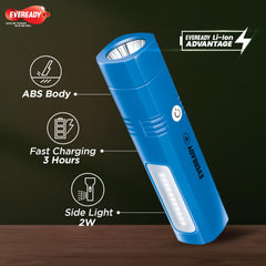 Eveready Hero DL80, Rechargeable 1W LED Torch Cum Emergency 2W Sidelight, Type-B/Micro-USB Fast Charging, Overcharge & Deep Discharge Protection, Powered by Li-Ion Battery