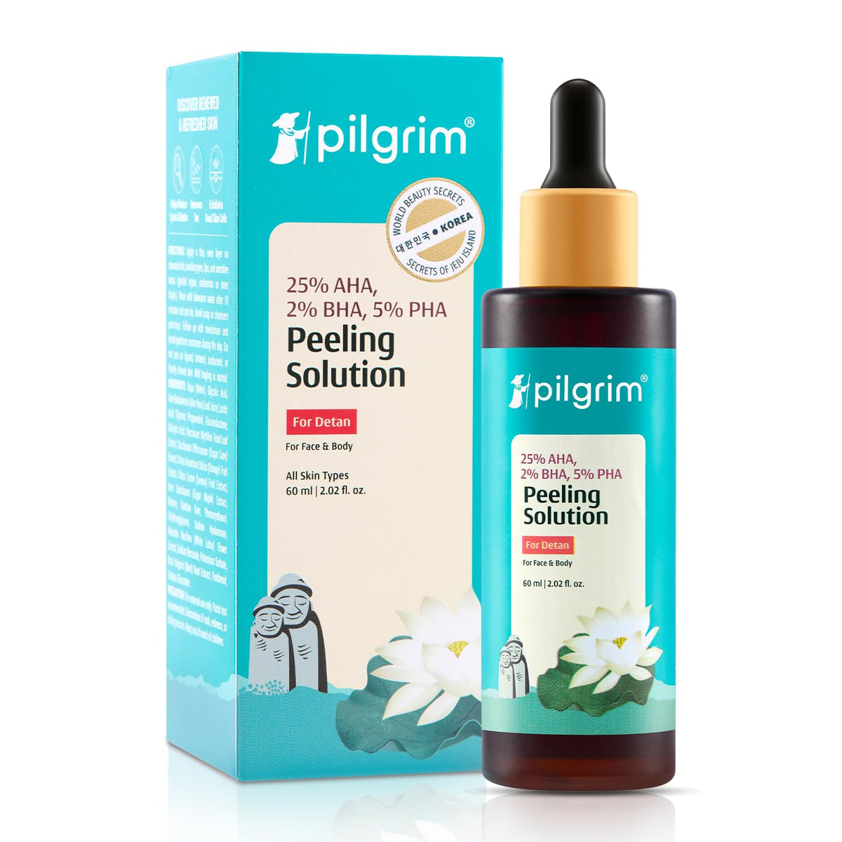 Pilgrim 25% AHA + 2% BHA + 5% PHA Peeling Solution 60ml For Face & Body |10-Minute Facial At Home|Gentle Exfoliating Serum for Tan Removal |For Glowing Skin, Even Skin Tone, Pore Cleansing |Men, Women