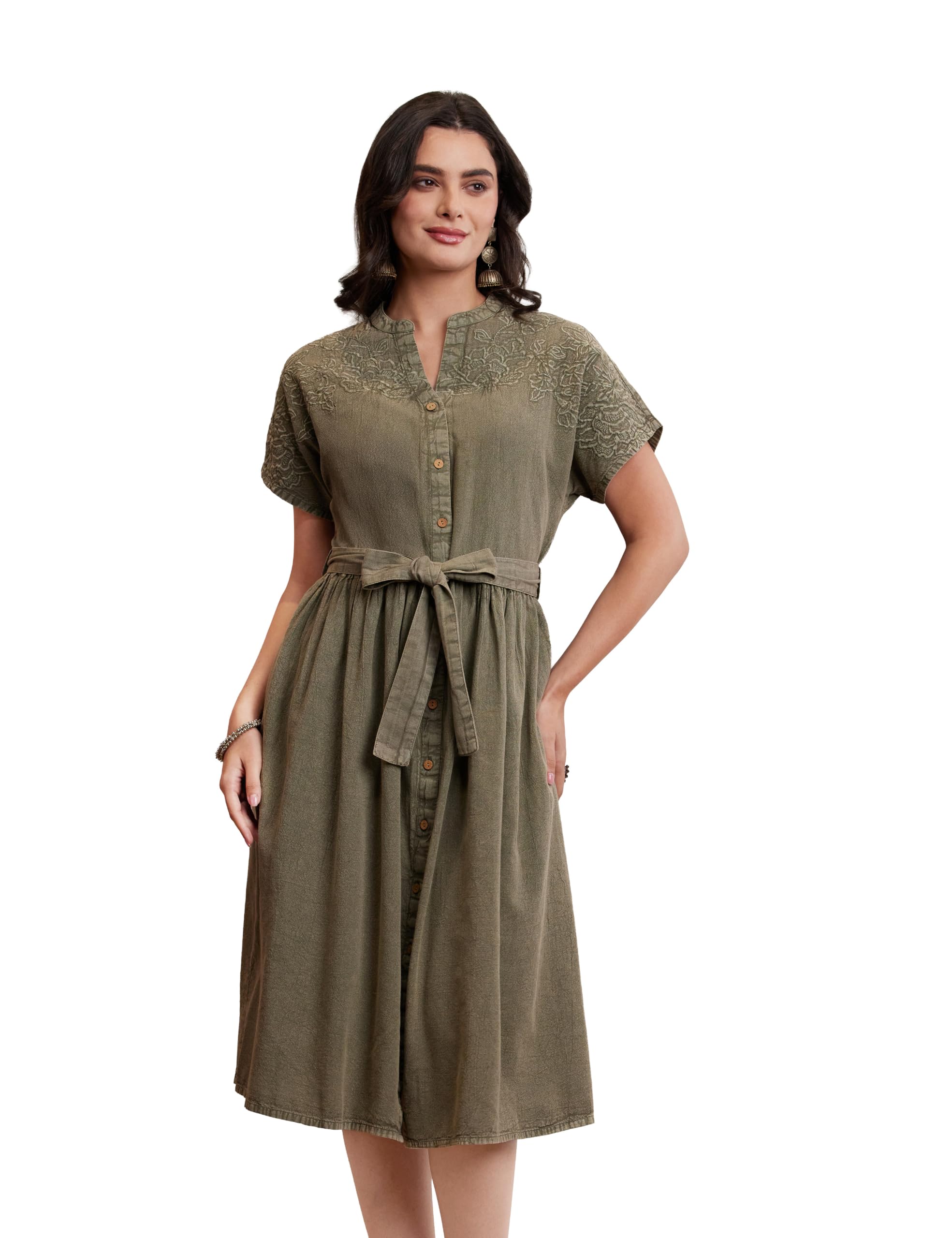 Myx Women's Embroidered Shirt Dress | Cotton Blend | Below The Knee (Available in Plus Sizes)