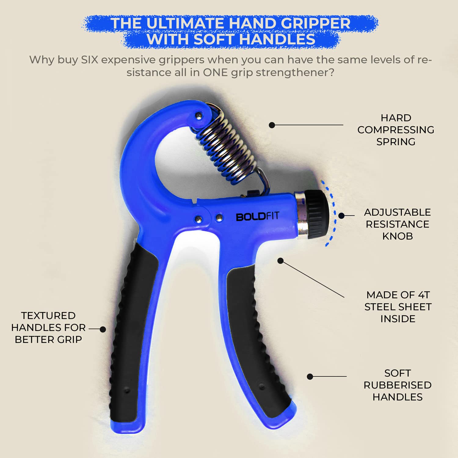 Boldfit Adjustable Hand Grip Strengthener, Hand Gripper for Men & Women for Gym Workout Hand Exercise Equipment for Home Forearm Exercise, Polyvinyl Chloride Finger Exercise Power Gripper (60 Kg) Blue