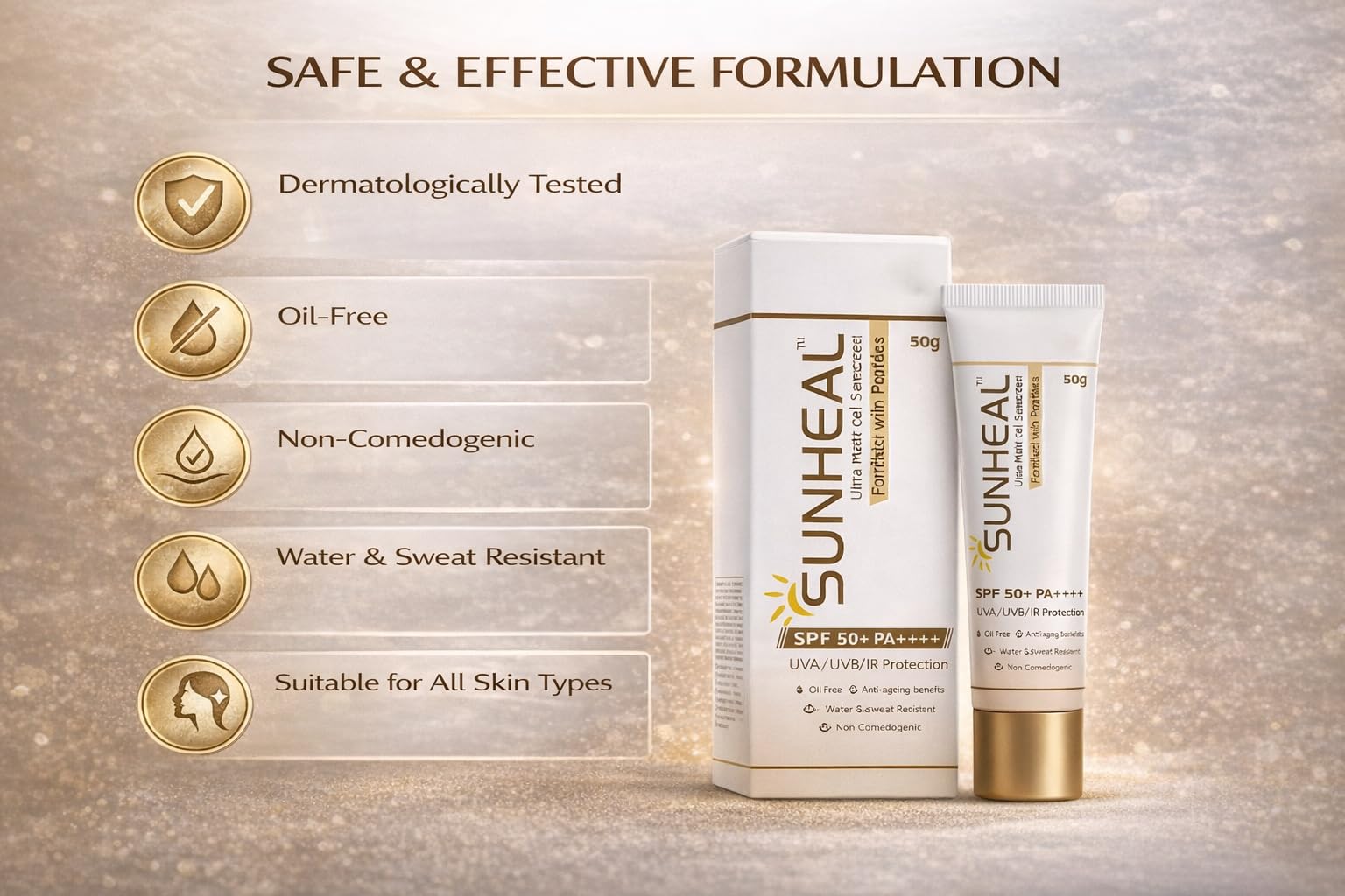 Sun-heal Ultra Matte Gel Sunscreen SPF 50+ PA++++ | UVA/UVB/IR Protection | Oil-Free & Non-Comedogenic | Water & Sweat Resistant | Anti-Ageing Peptide Formula | 50g | Glammy.lk