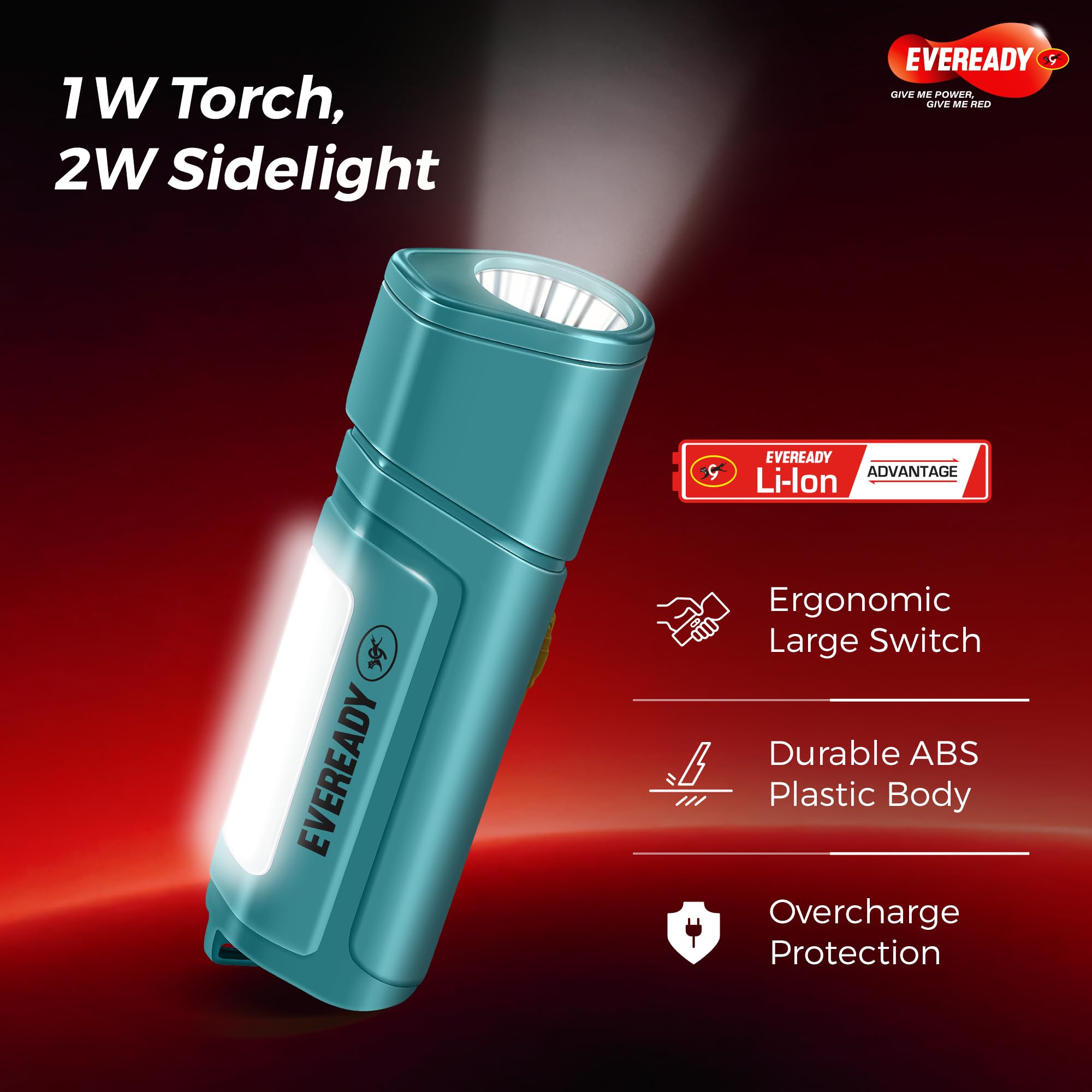 Eveready Pocketlite DL100, Rechargeable 1W LED Torch Cum Emergency 2W Sidelight, Type-B/Micro-USB Fast Charging, Overcharge & Deep Discharge Protection, Powered by Li-Ion Battery
