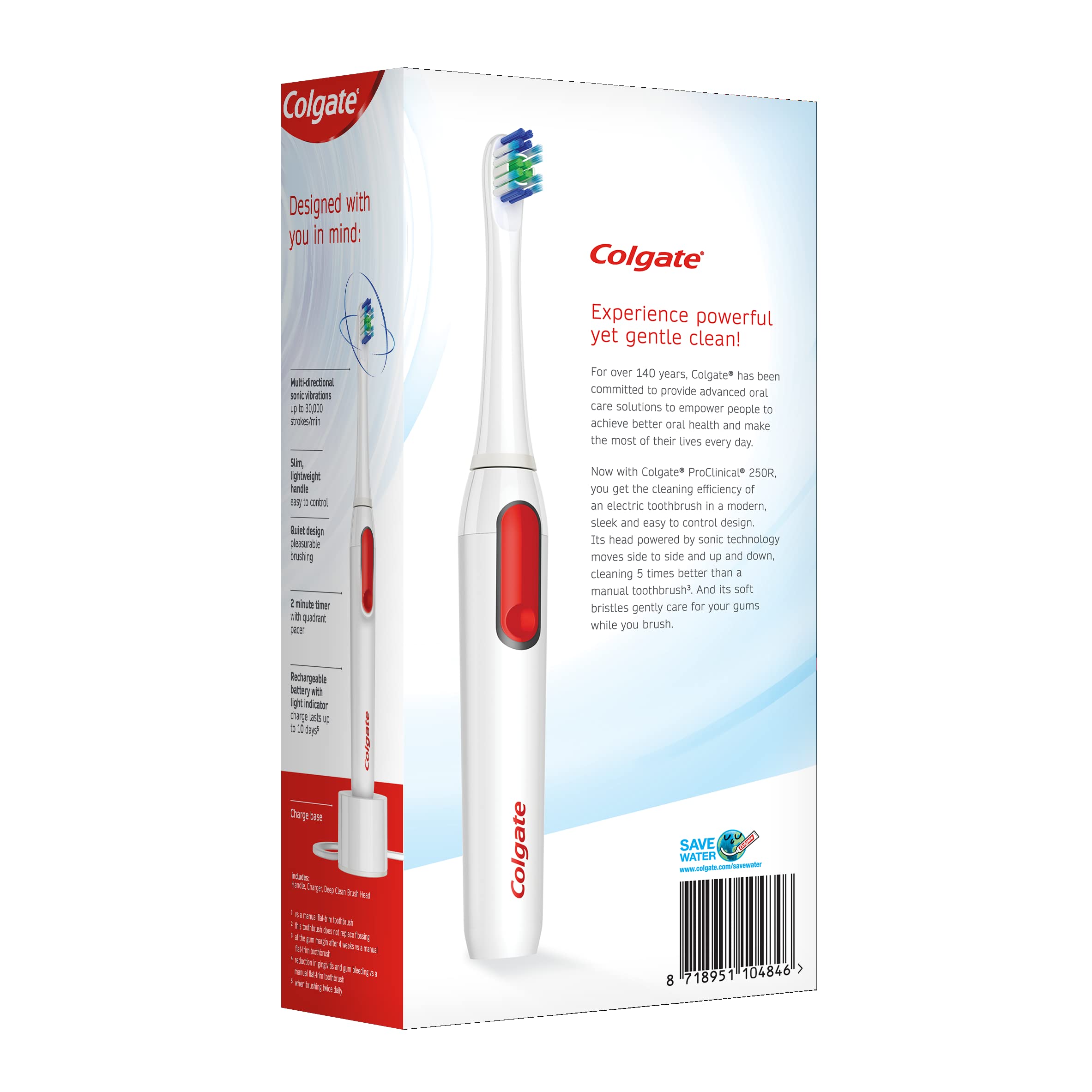 Colgate Proclinical 250R Deep Clean Rechargeable Sonic Toothbrush for adults, Electric Toothbrush with Soft Bristles, Healthier Gums in 4 Weeks (With Replaceable Brush Head, Charger included,White)