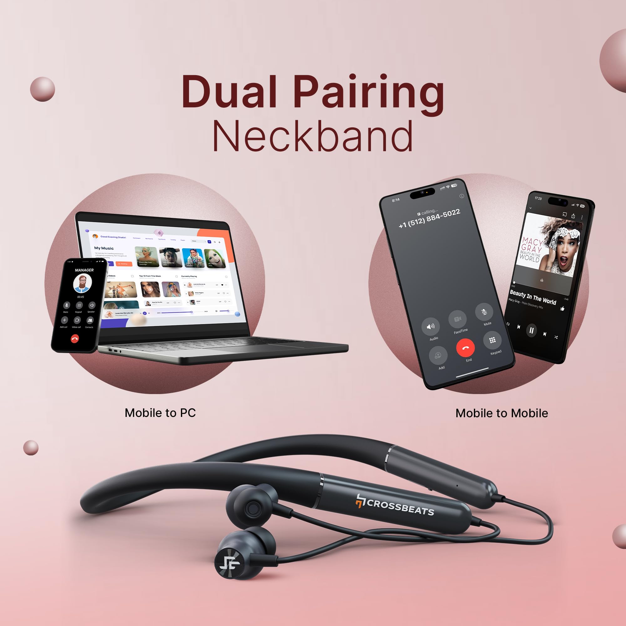 CrossBeats Shuffl ANC Neckband Bluetooth Wireless in Ear Earphones | Dual Device Pairing | AI ENC | 14.2mm Drivers| 120Hrs Playtime| Magnetic Hall Switch Ear Buds| 40ms Low Latency | BT v5.4 (Black)