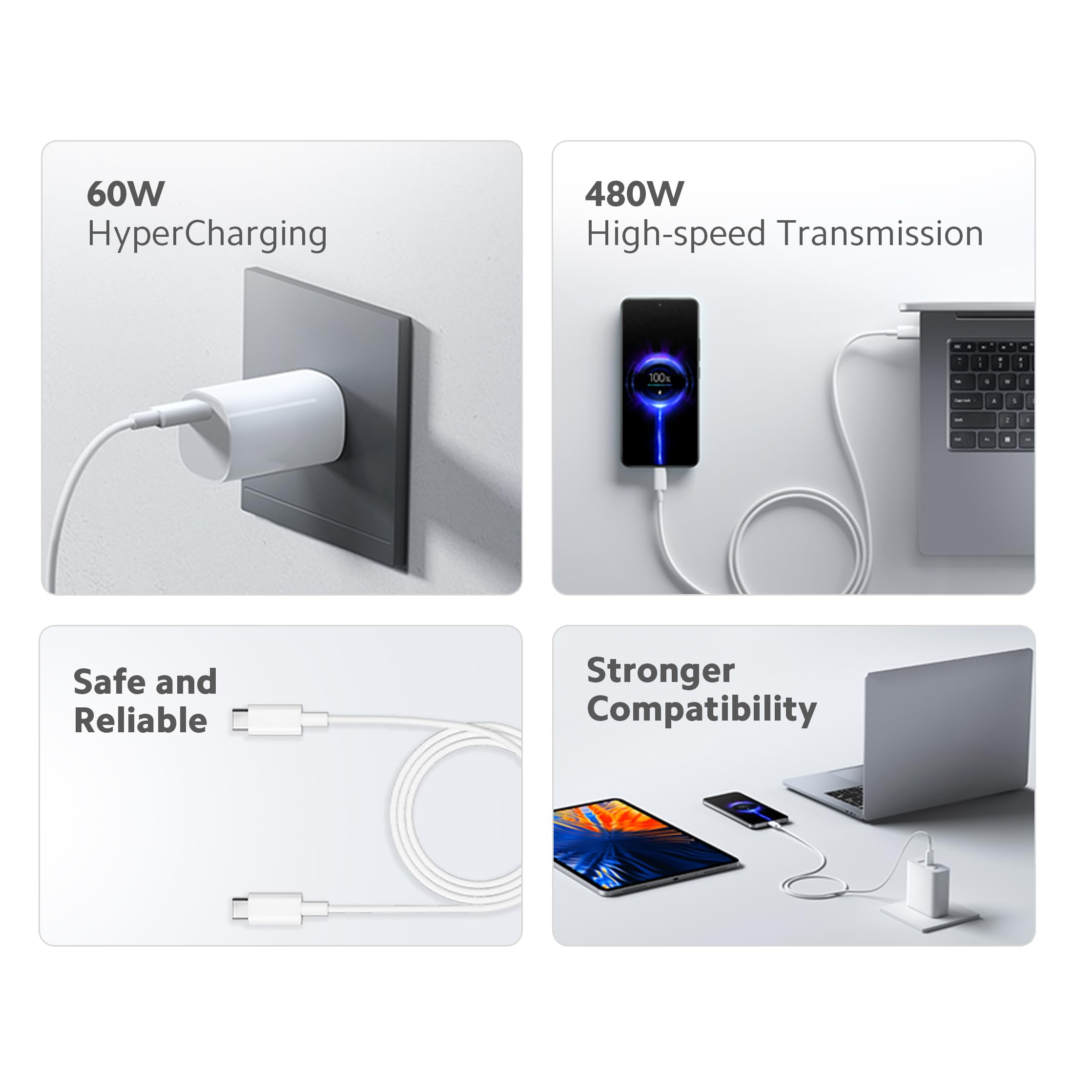 Xiaomi Mi Original HyperCharge 60W Type C to Type C Cable for Smartphones, Tablets, Laptops, Macbook & other Type C devices, 480Mbps Data Sync (White) - Wireless Accessory from Xiaomi - Shop in Sri Lanka at Arcade.lk