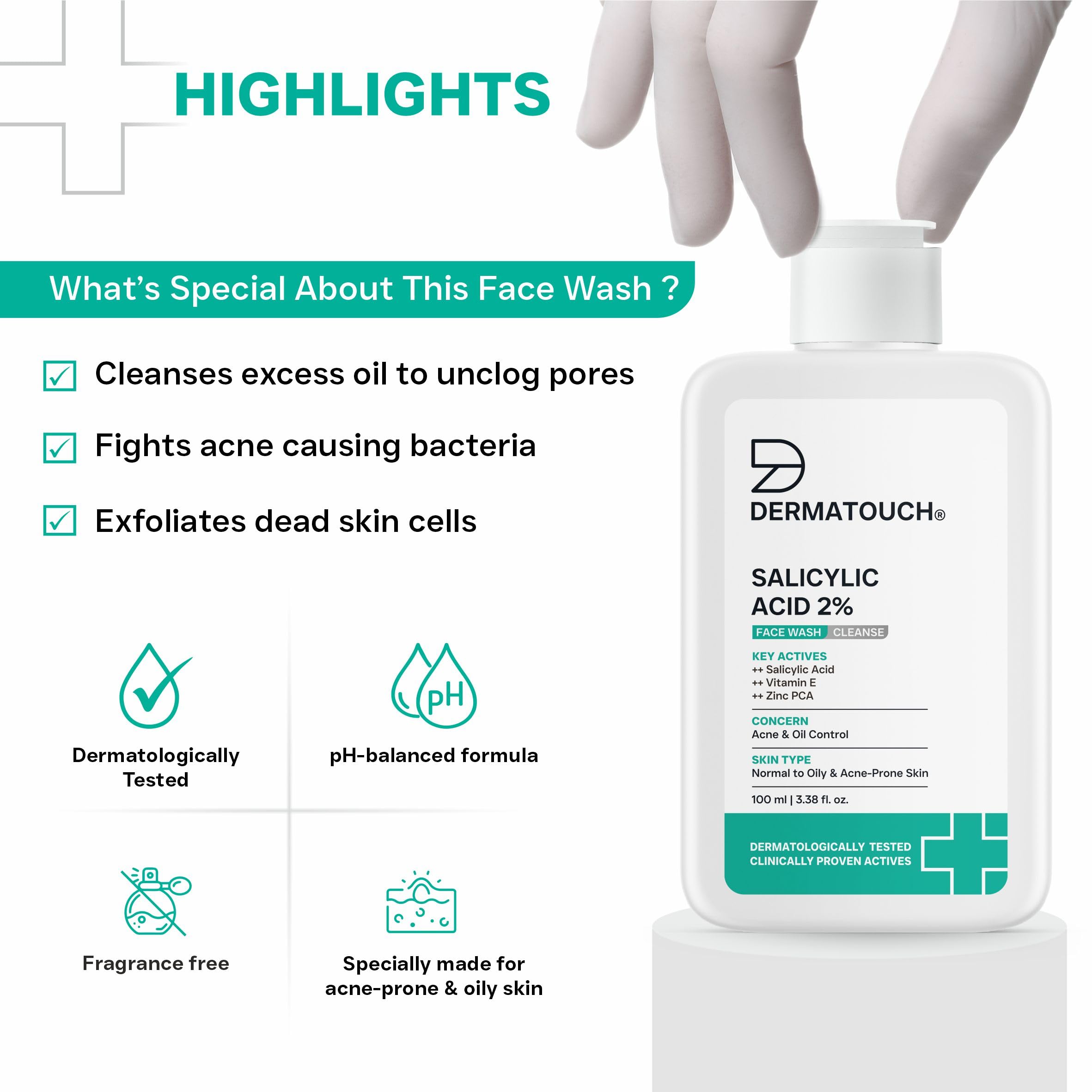 DERMATOUCH Salicylic Acid 2% Face Wash | For Acne & Oil Control | For Normal to Oily and Acne-Prone Skin | Dermatologist Tested | For Men & Women | 100ml