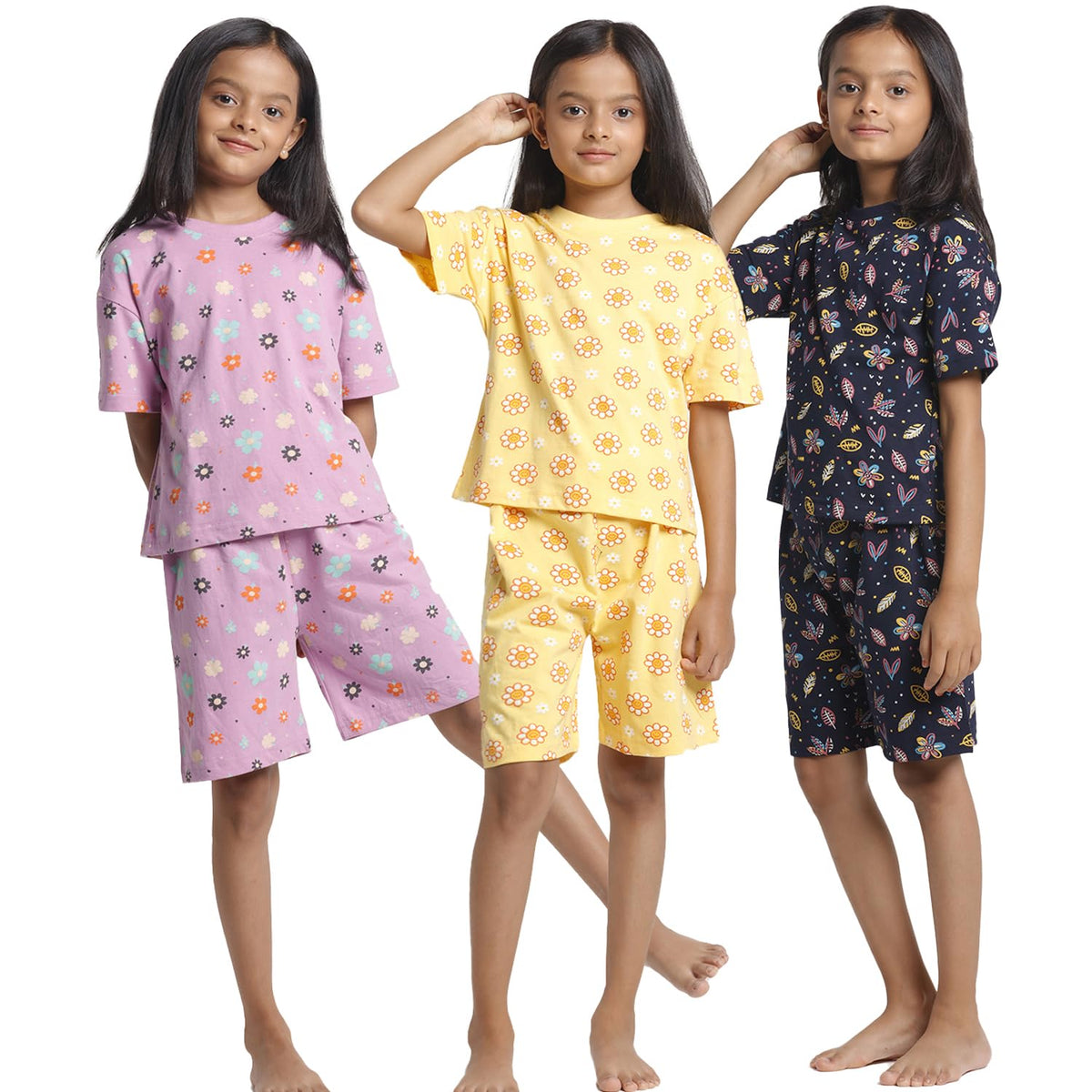 T2F Girls Cotton Printed DropShoulder Ovesized Fit T-Shirt and Shorts Clothing Set (Pack of 3)