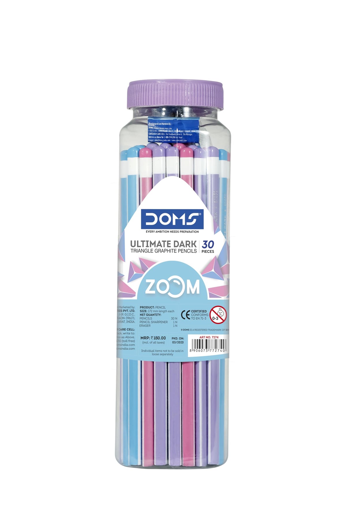 DOMS Zoom Ultimate Dark Triangle Pencil | Jar Pack, 30 Pieces | Contains Pencils, Sharpener, Eraser Multicoloured, Pack Of 1 (DM7274)