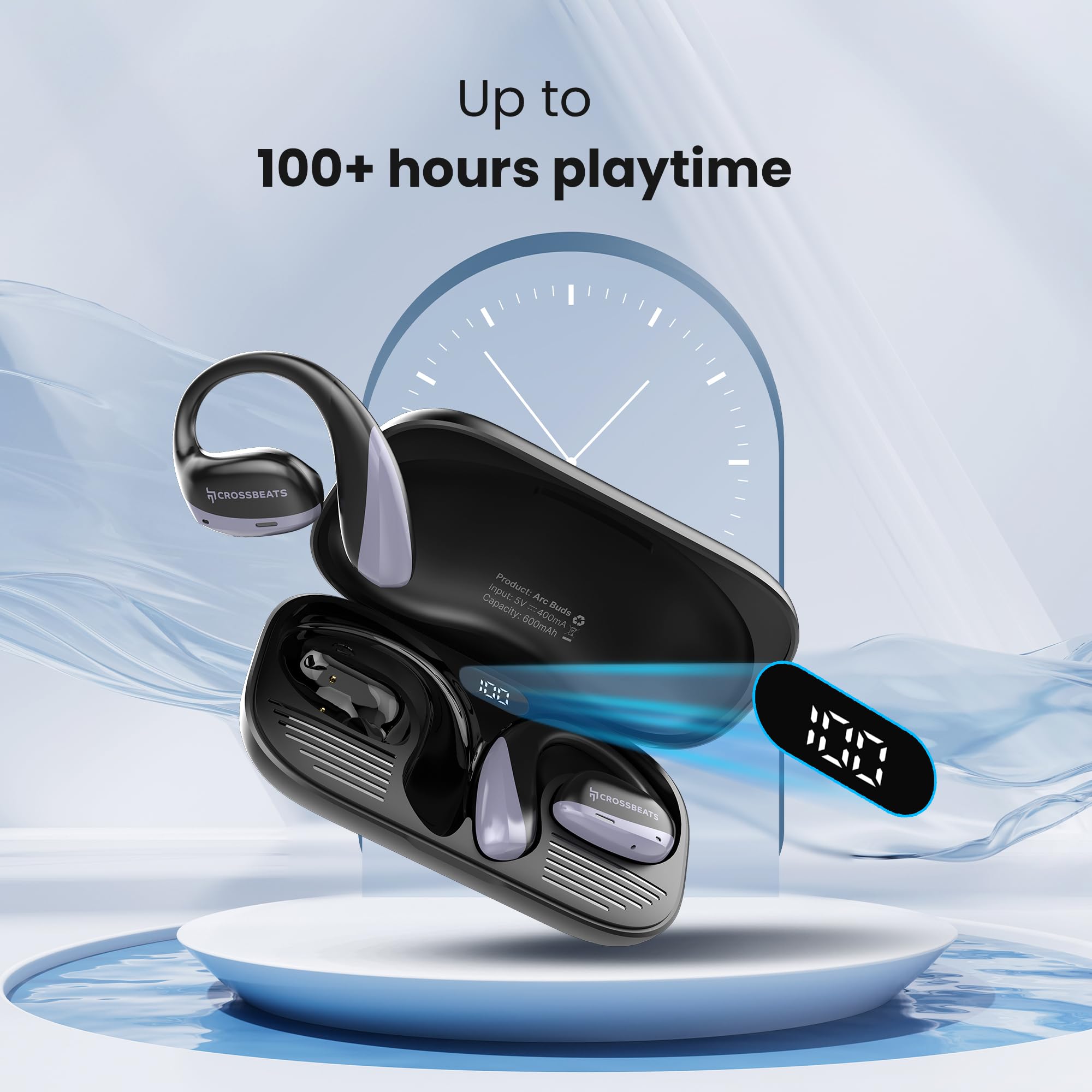 CrossBeats Arc Buds OWS Open Ear Wireless Earbuds | Spatial Audio Headphones & Head Tracking | Gaming Bluetooth Earphones | 100hr Playtime | 14.2mm Drivers IPX5 Rating Type-c Fast Charging (Black)