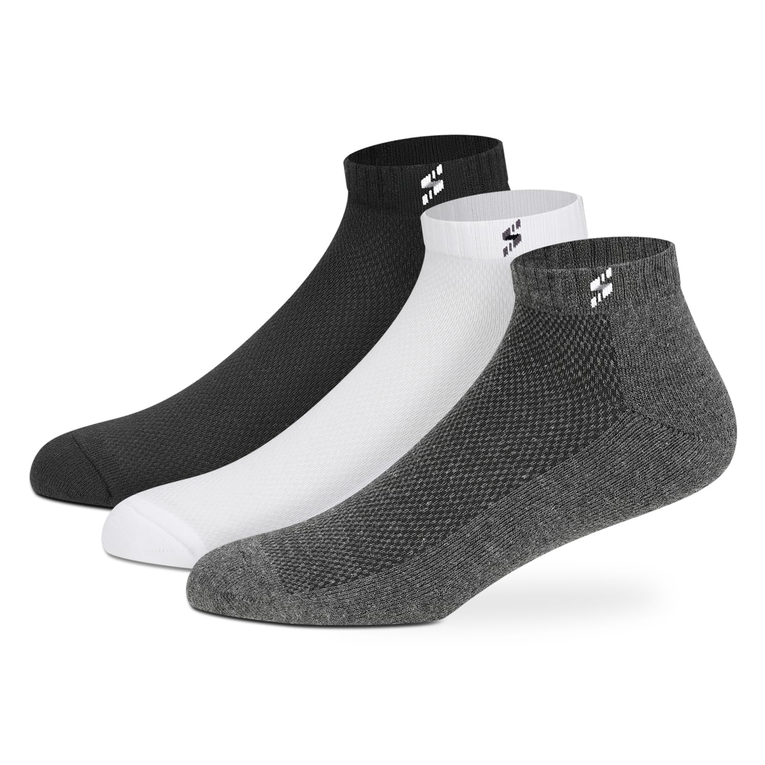 Supersox Ankle Length Sports Socks for Man | Half Terry Cushioned Cotton | Anti-Odour & Antibacterial | Breathable & Moisture Absorbent | Running, Gym & Sneaker | Grey-White-Black | Pack of 3 | Glammy.lk