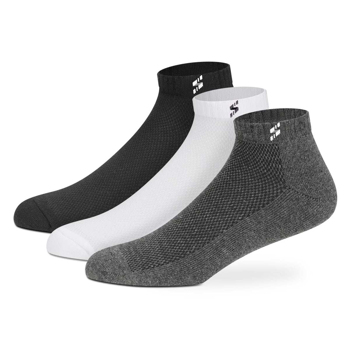 Supersox Ankle Length Sports Socks for Man | Half Terry Cushioned Cotton | Anti-Odour & Antibacterial | Breathable & Moisture Absorbent | Running, Gym & Sneaker | Grey-White-Black | Pack of 3 | Glammy.lk