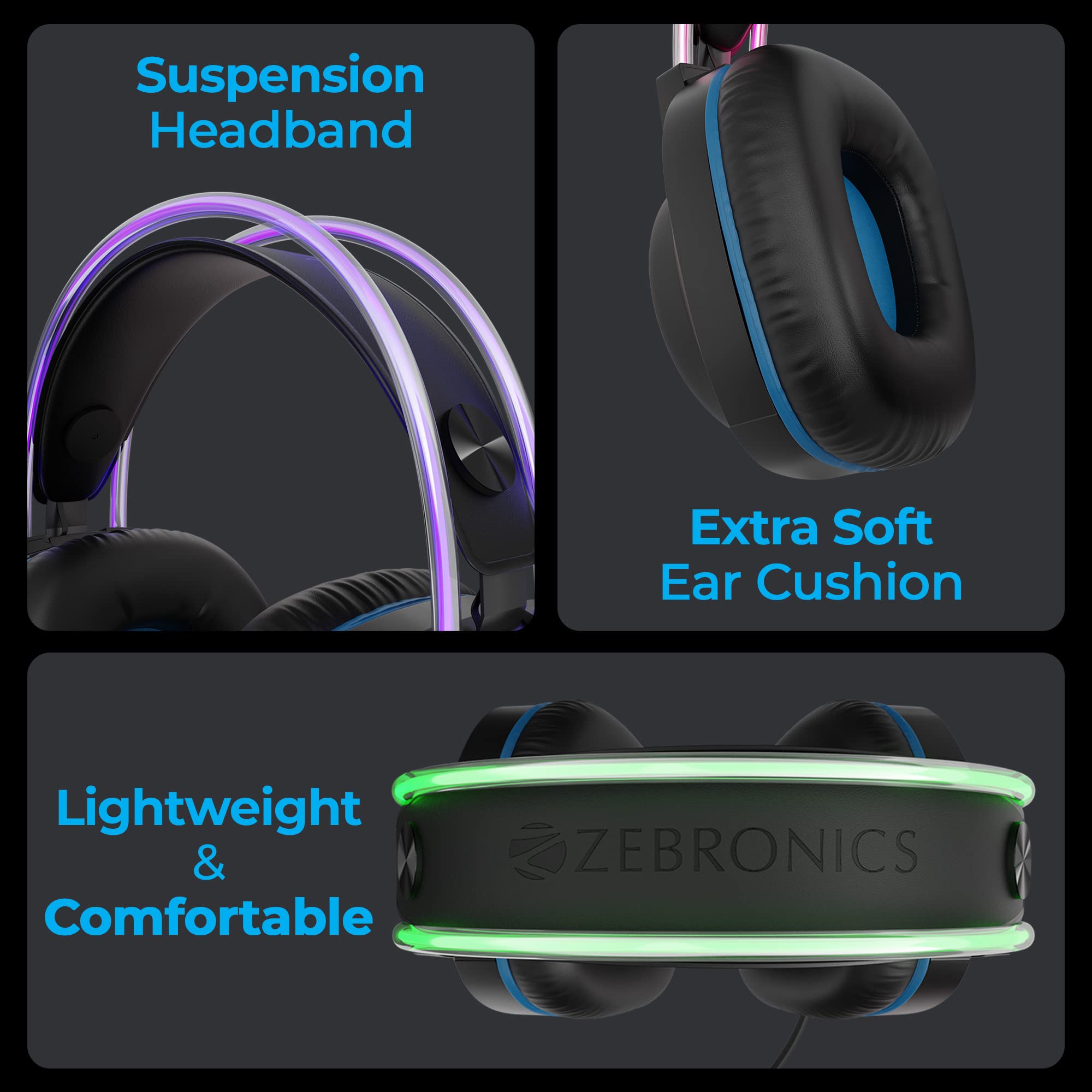 Zebronics Jet PRO Premium Wired Gaming On Ear Headphone with LED for Headband + earcups, 40mm Neodymium Drivers, 2 Meter Braided Cable, with mic, Suspension Design, 3.5mm + USB (Black, Blue) - Personal Computer from ZEBRONICS - Shop in Sri Lanka at Arcade.lk