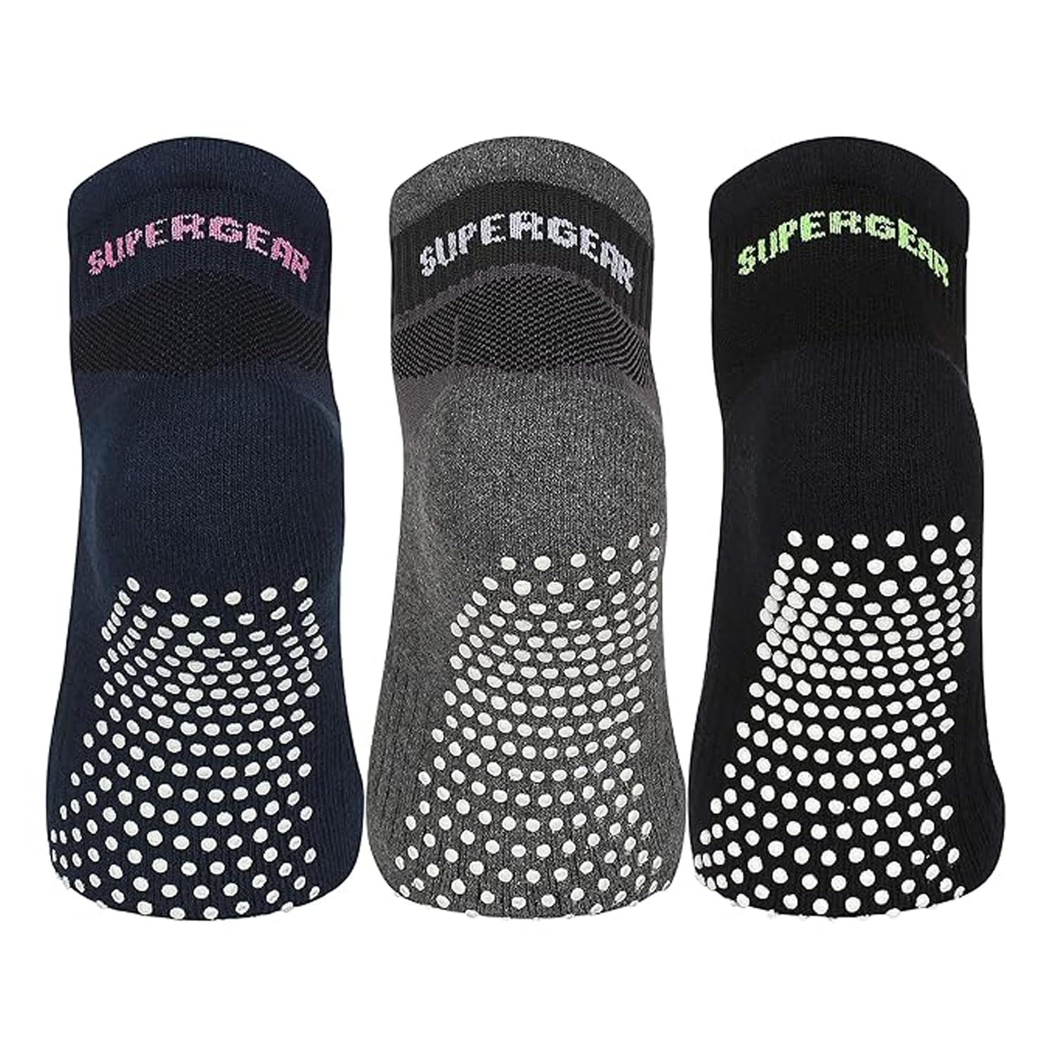 SuperGear Yoga Sports Socks for Women | Combed Cotton | Cushioned Comfort | Non-Slip Anti-Skid Grip | Ideal for Yoga, Exercise, Gym & Walking | Multicolour | Free Size | Pack of 3