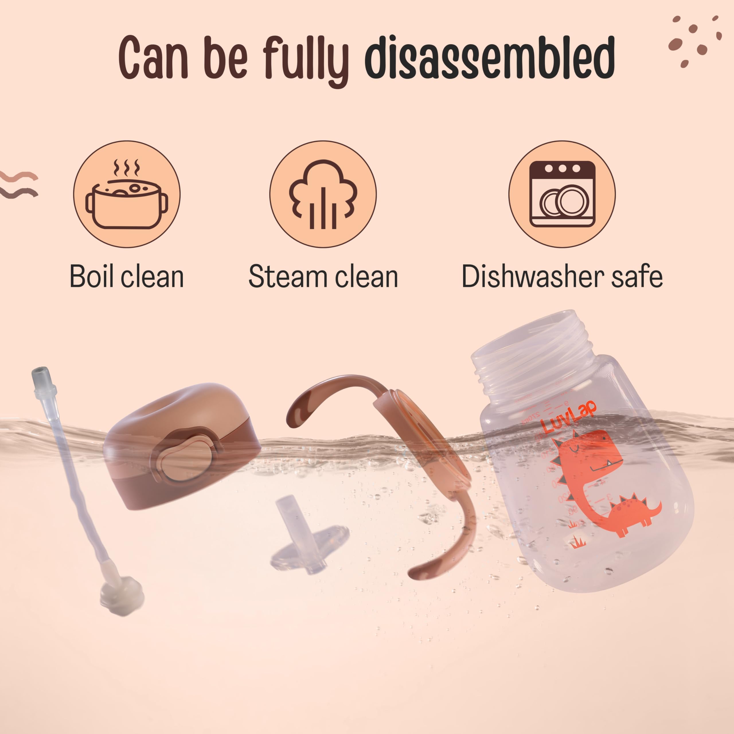 LuvLap Kids Bite Resistant Soft Silicone Straw Sipper Cup with Handle, with Weighted Straw, Sippy Cup with Anti Spill Lock, BPA Free,1 Year +, 300 ml, Brown
