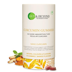 Gut & Beyond Turmeric Curcumin Gummies - Anti Inflammatory Supplement for Adults, Liver Cleanser, Good for Skin & Brain Health, Enhances Focus, Lowers Bad Cholesterol, Mango Flavour, 60 Count