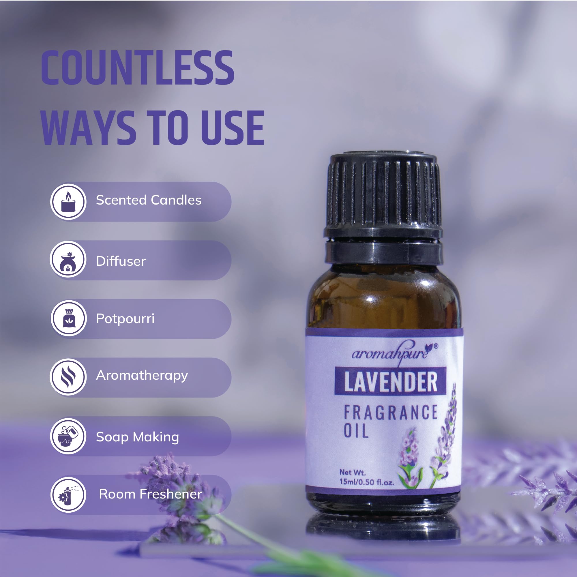 Aromahpure Fragrance Oil | 15 ml | Lavender Aroma Oil for Home Fragrance | Best for Aromatherapy | Helps in meditation | Used in Diffusers, Candles, Air Fresheners, Soaps, IFRA certified
