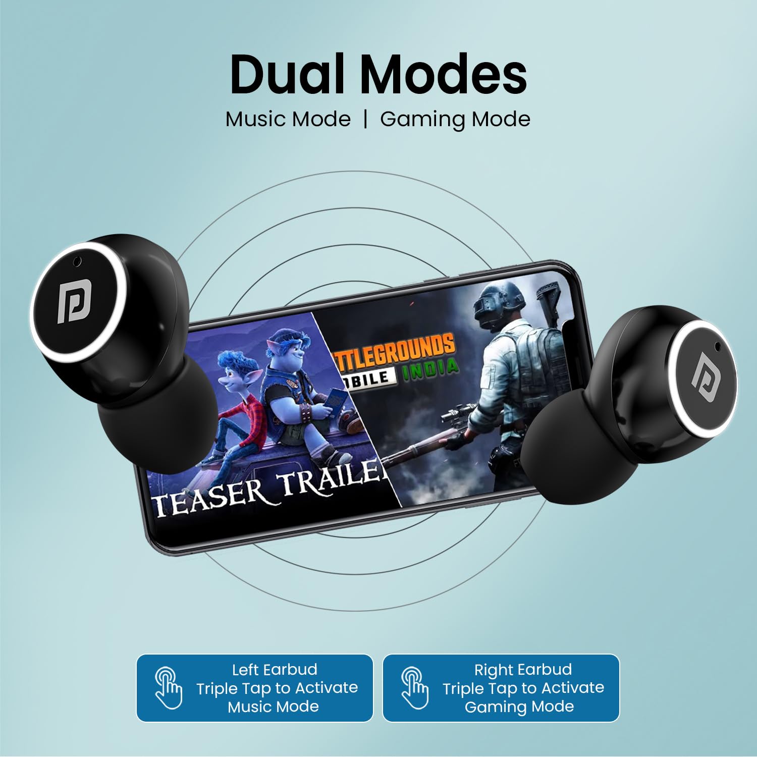 Portronics Harmonics Twins S13 in Ear True Wireless Earbuds with Mic, 24H Playtime, Game/Music Mode, Touch Control, 8mm Driver, Bluetooth 5.3v,IPX5 Water Resistance, Type C Fast Charging(Black)