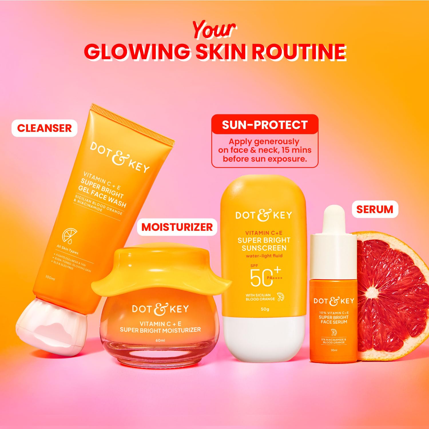 Dot & Key Vitamin C + E Super Bright Sunscreen In-Vivo Tested SPF 50+ PA++++ With New-Age UV Filters, Water-Light Fluid, Boosts Glow, Reduces Dullness & Dark Spots, Checks Tanning, No White Cast, 80g