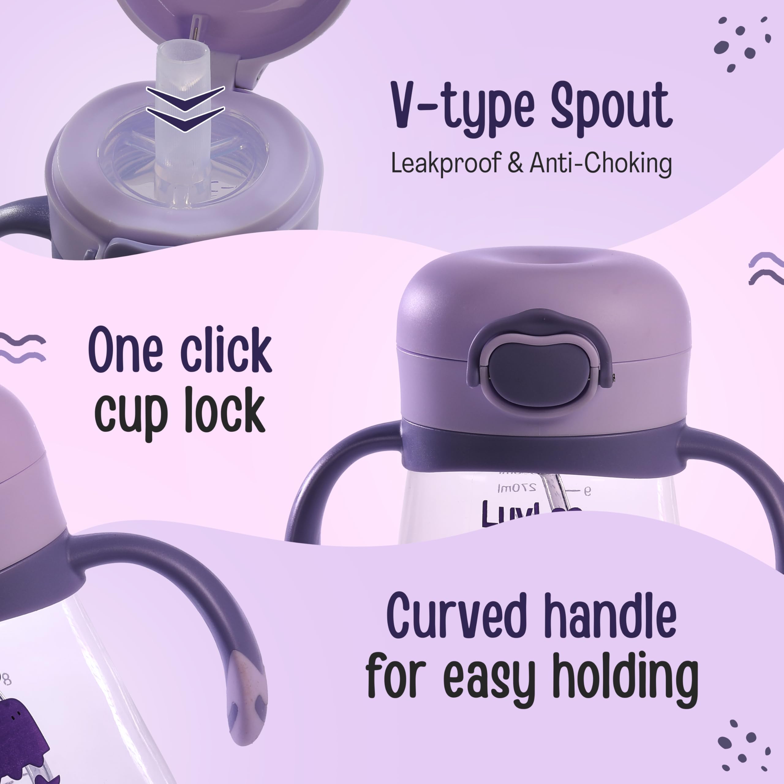 LuvLap Baby Bite Resistant Soft Silicone Straw Sipper Cup with Handle, with Weighted Straw, Sippy Cup with Anti Spill Lock, BPA Free, 6m+, 300 ml, Purple