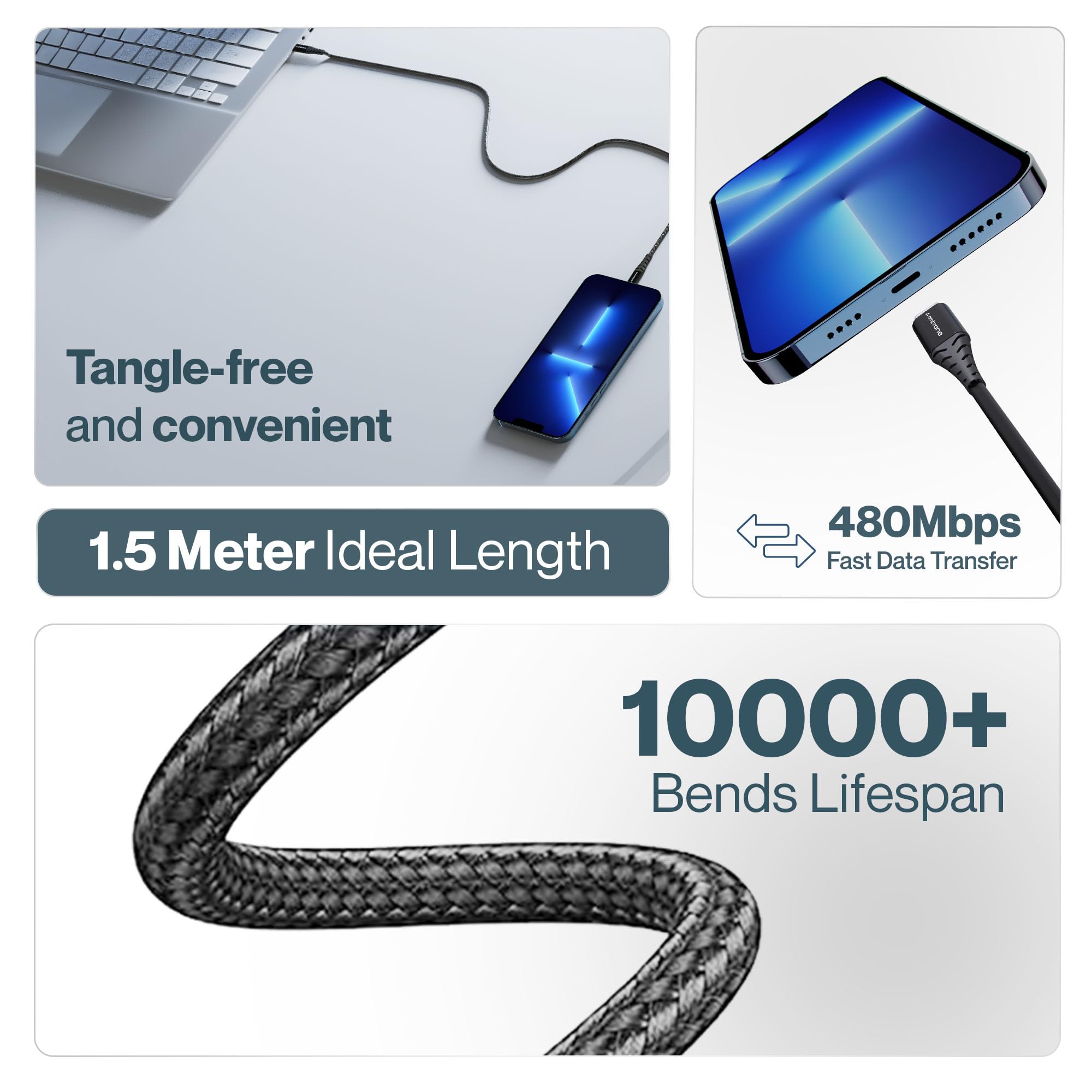 Ambrane Unbreakable 60W Fast Charging 1.5M Braided Type C to Type C Cable, PD Technology, 480Mbps (RCTT15, Black) - Wireless Accessory from Ambrane - Shop in Sri Lanka at Arcade.lk