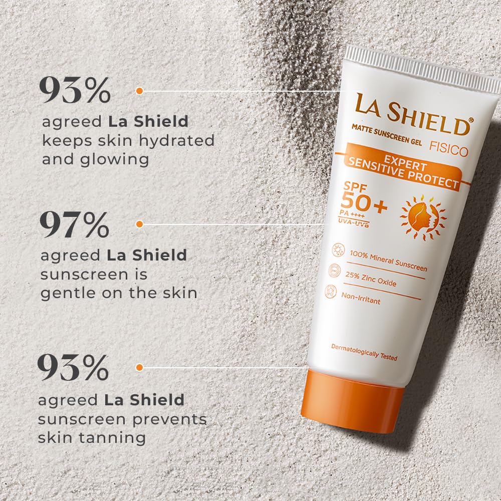 La Shield Fisico SPF 50+ PA++++|100% Mineral Sunscreen|Matte Finish|Chemical filter free|Non-greasy|Lightweight| Water Resistant Upto 8hours|Broad spectrum|Dermatologist Prescribed|For Sensitive skin|50g