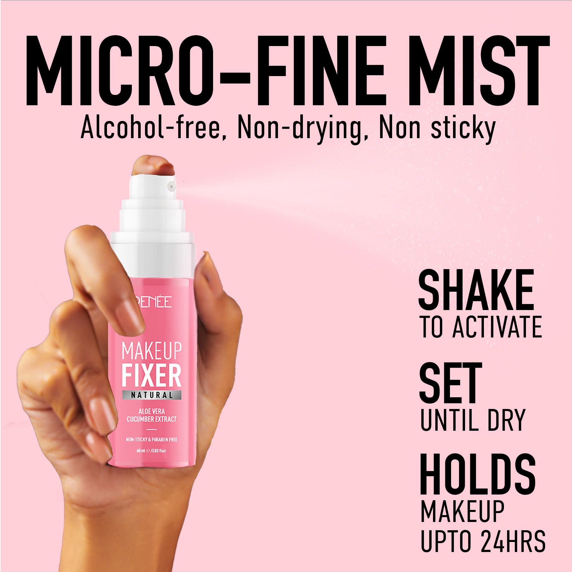 RENEE Natural Makeup Fixer For Face | Non-Sticky, Dewy Finish | With Aloe Vera & Cucumber Extract | Alcohol-Free, Hydrating Setting Spray | Vegan & Cruelty-Free | 60 ml