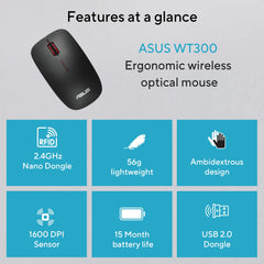 ASUS WT300 Wireless Ergonomic USB Mouse, Ambidextrous Design, Up to 1600 Dpi, Compact & Lighweight Mouse,2.4GHz Nano Dongle, Up to 15 Months of Battery Life - Black