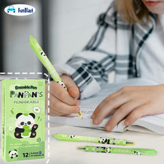 FunBlast Cute Panda Erasable Gel Pens – 12 Pcs of Gel Pen with Magic Eraser, Kawaii Gel Pens, Lightweight Gel Pen with Comfortable Grip, Stationery for School & Office – Blue Ink