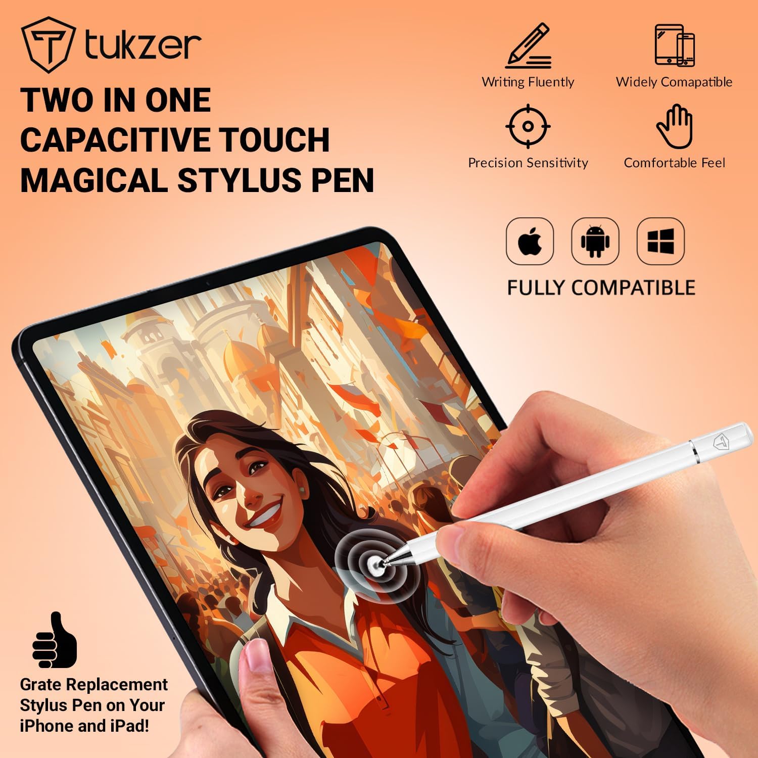 Tukzer Universal Stylus Pen for Smartphone/Tablet/iPad/Pro/Air/iPhone/iOS/Android/All Touch Screens Devices| Fine Point Disc Tip, Lightweight Aluminum Body Magnetic Cap Drawing Writing (White)