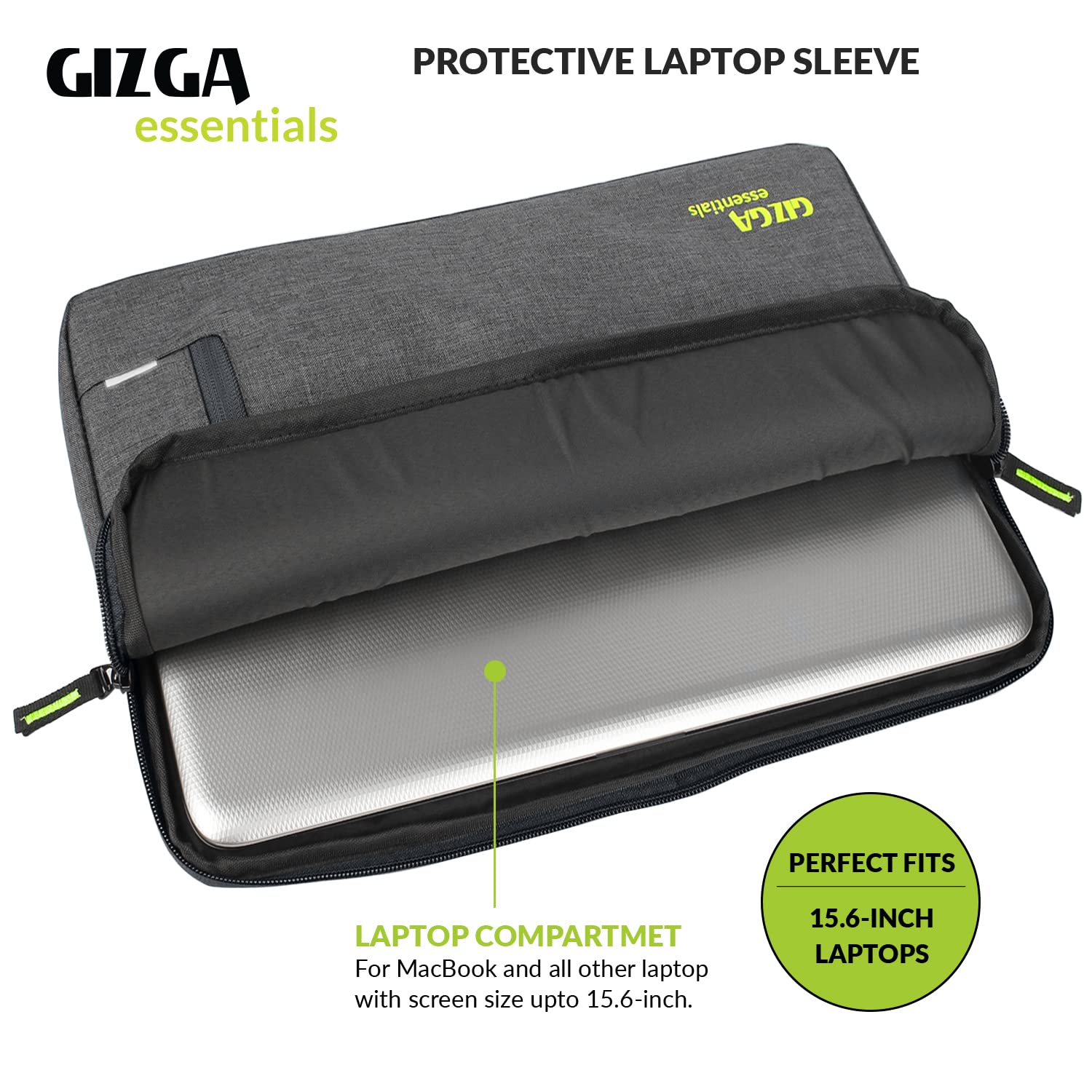 Gizga Essentials Laptop Bag Sleeve Case Cover Pouch for 15.6 Inch Laptop/MacBook, Side Handle, Multiple Pockets, Water Repellent, Shock Absorber, Grey