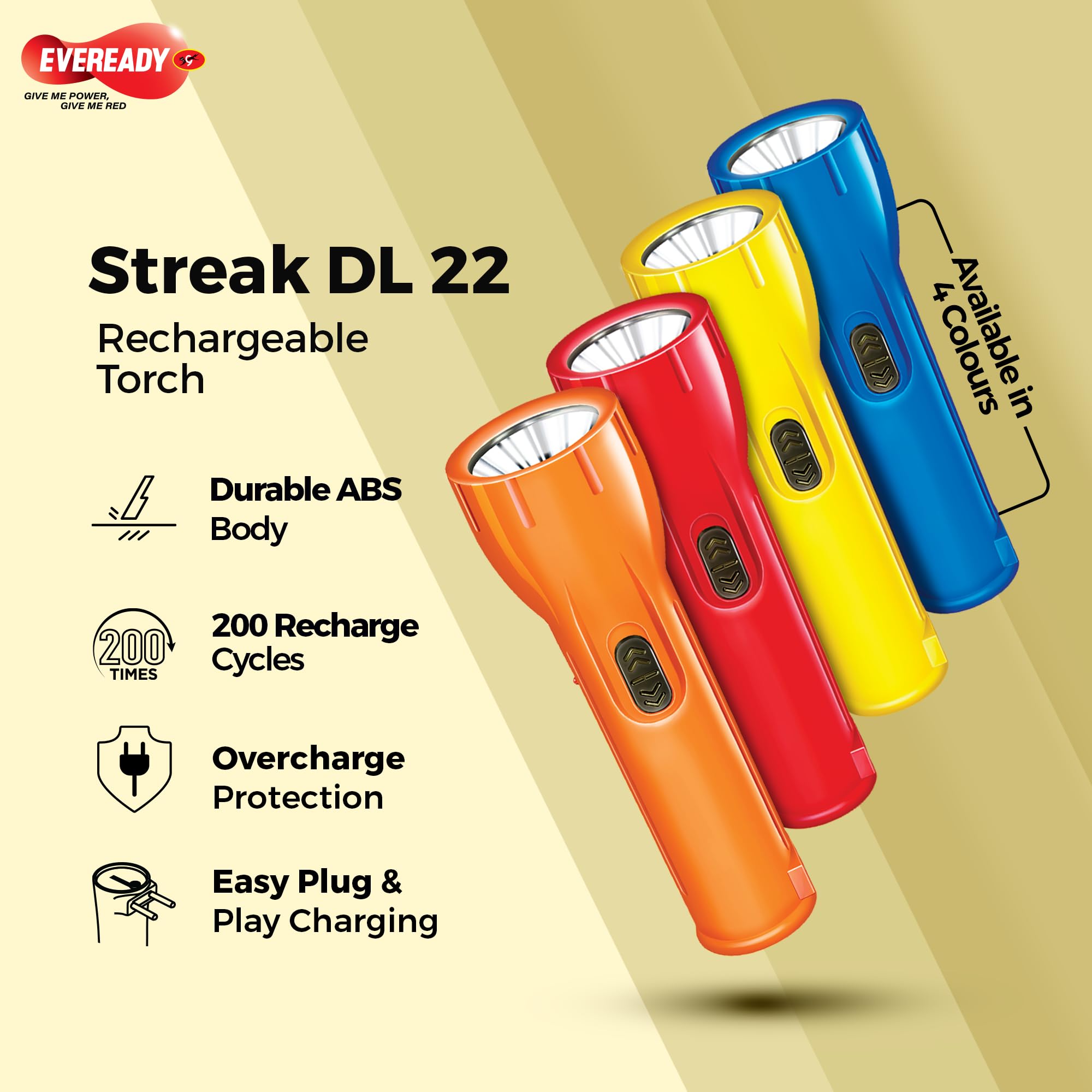 Eveready Streak DL22, Rechargeable 1W Emergency Torch, Easy Plug & Play Charging, Overcharge & Deep Discharge Protection, Powered by Li-Ion Battery