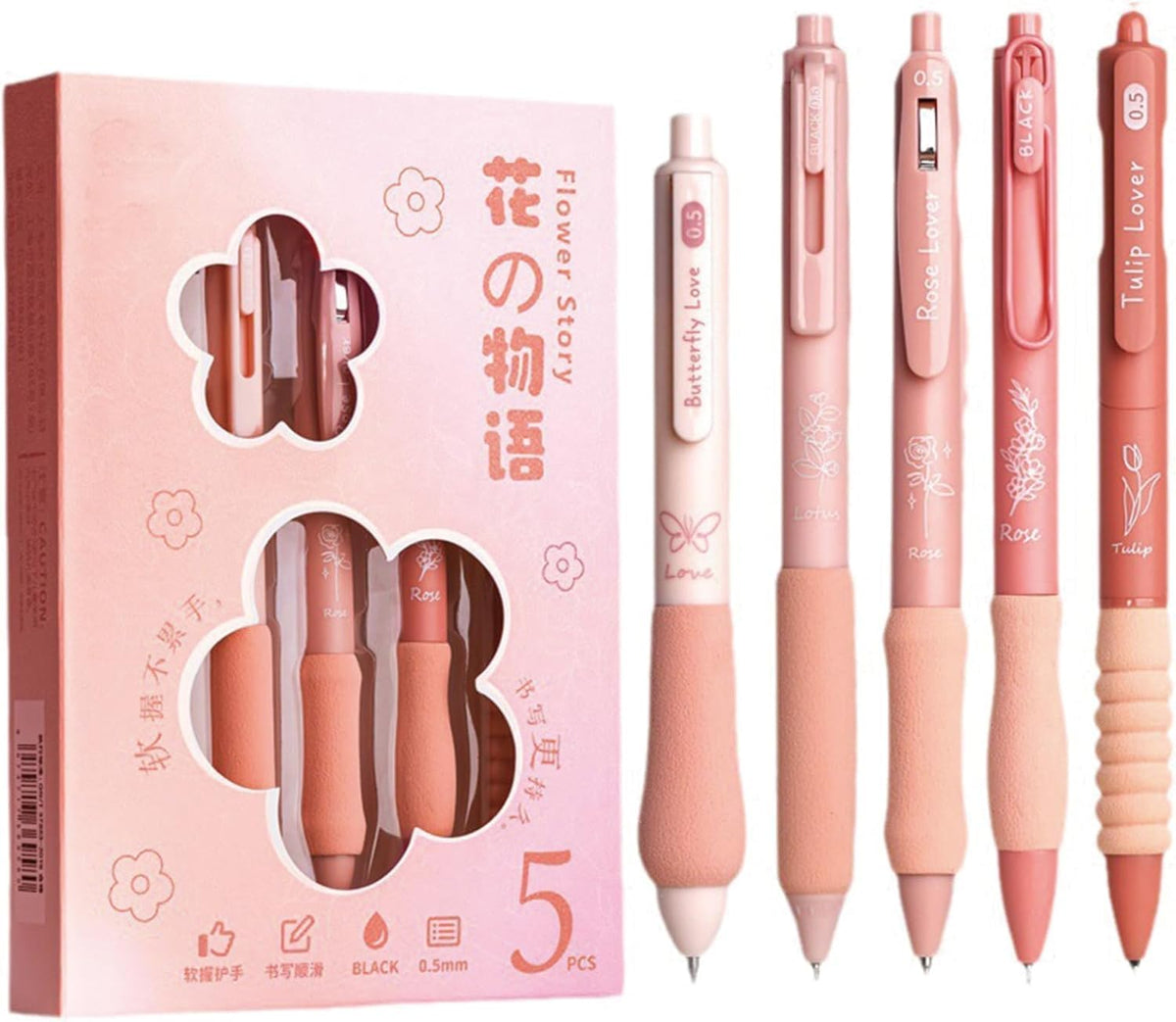 0.5mm Gel Pens Retractable Quick Dry Ink Fine Point Smooth Writing Pens for School Office Supplies Black ink (Pack of 5) (Flower Story)