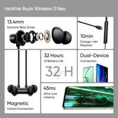 realme Buds Wireless 3 Neo in Ear Bluetooth Neckband with 13.4 Mm Dynamic Bass Boost Driver,Upto 32 Hours Playback,Fast Charge,Ai Enc,45Ms Low Latency,Ip55 Dust&Water Resistannt, Bluetooth 5.4, Black