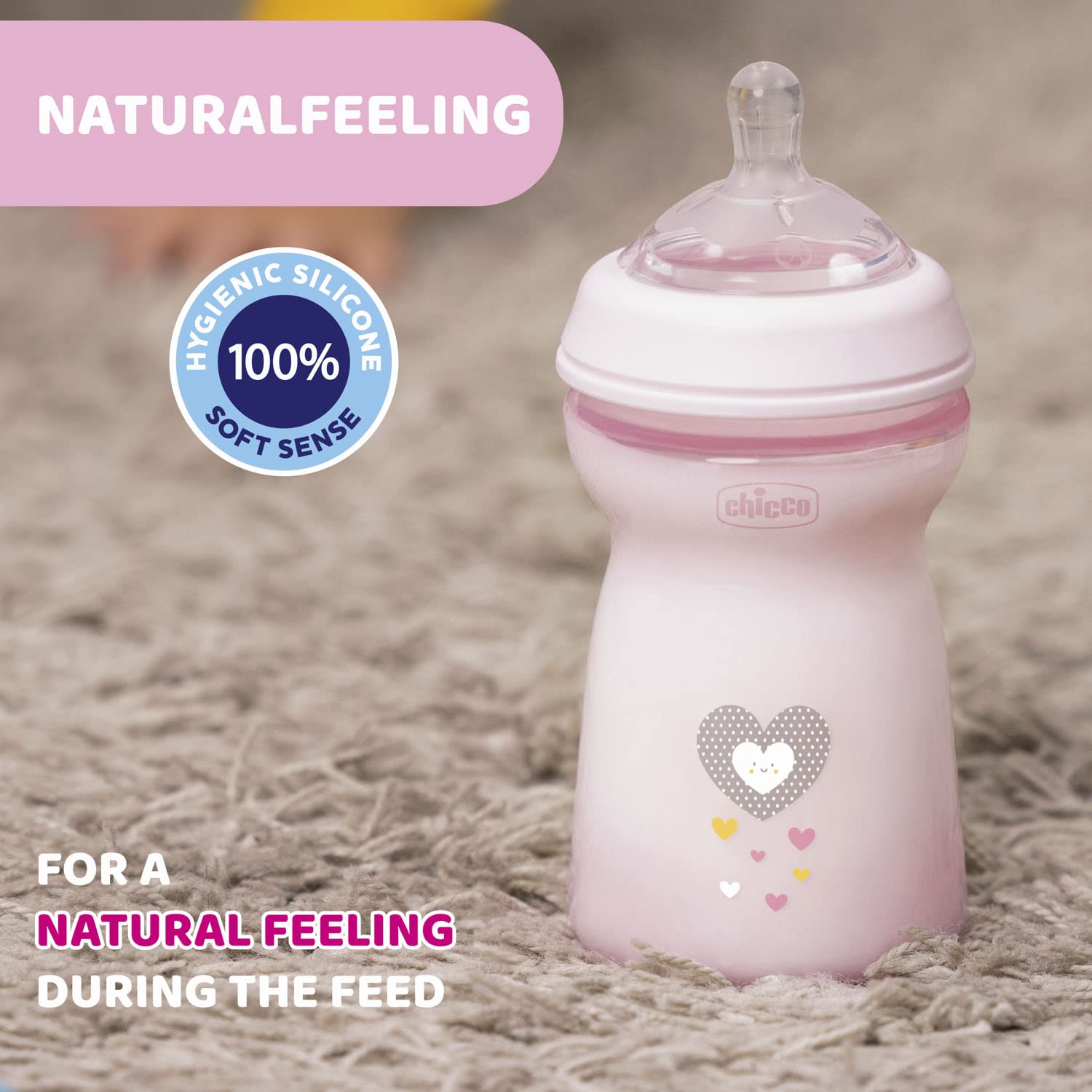 Chicco Natural Feeling 330ml Baby Milk Feeding Bottle with Wide Neck, Anti-Colic for Easy Milk Flow, for Babies & Toddlers 6m+ (Pink)