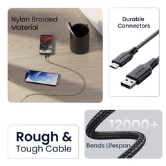 Ambrane Unbreakable 60W / 3A Fast Charging 1.5m Braided Micro USB Cable for Smartphones, Tablets, Laptops & Other Micro USB Devices, 480Mbps Data Sync, Quick Charge 3.0 (RCM15, Black)