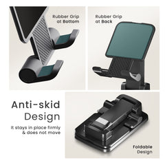 Ambrane Tablet & Mobile Holder for All Smartphones, Tabs, Kindle, iPad Mobile Holding Tabletop Stand, Height Adjustment, Foldable Design, Multipurpose, Anti-Skid Design (Twistand +, Black)