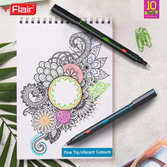 FLAIR Hotline Fineliner Metal Tip Pen | Tip Size 0.7 to 1 mm | Comfortable Grip | Fineliner Pens Set For Mandala, Sketching, Doodling, Journal and Outline | 10 Shades.|Multicolor