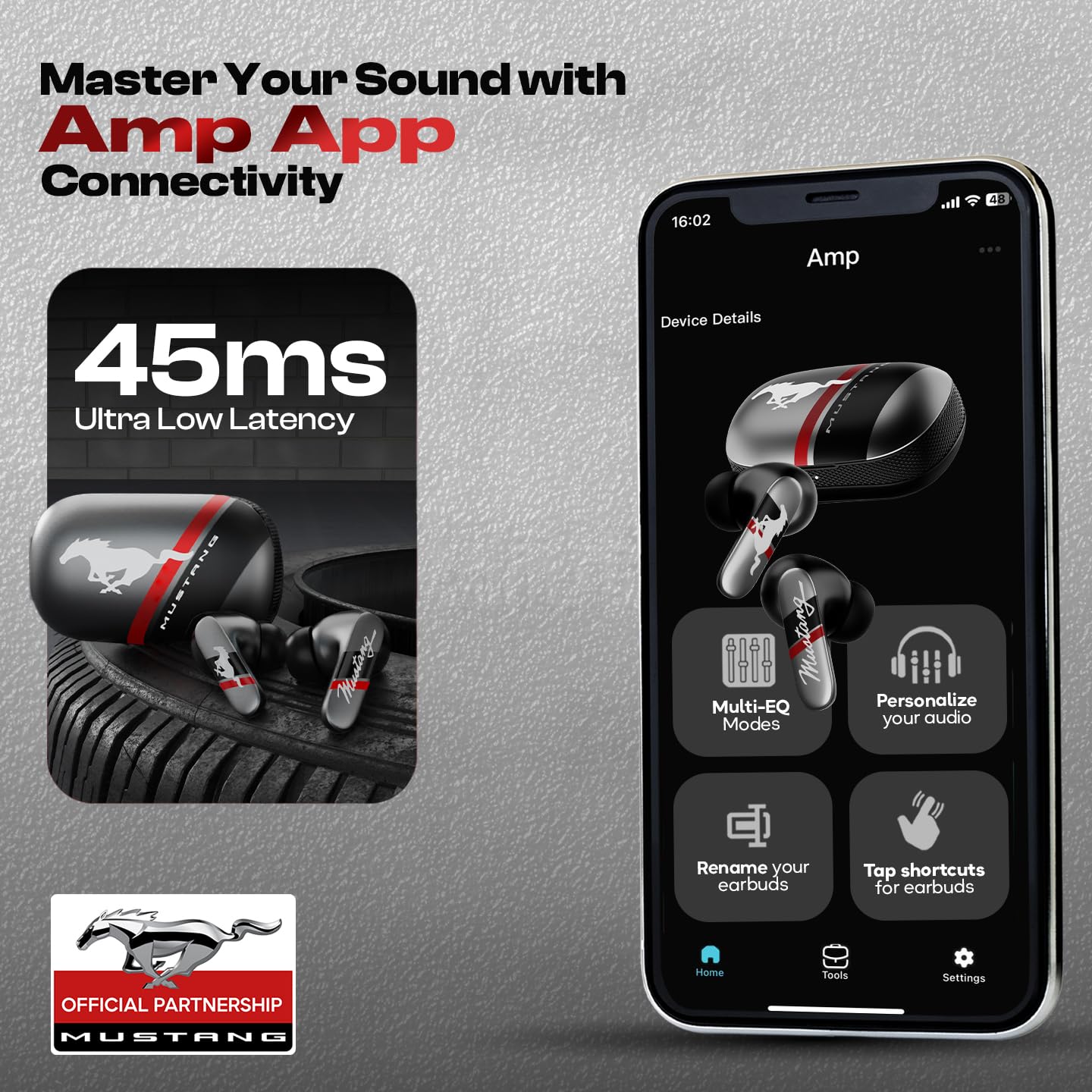 GOBOULT Mustang Dyno Earbuds with 60H Playtime, App Support, Dual Pairing, 4 Mics ENC, 45ms Low Latency, 13mm Drivers, Touch Controls, IPX5 Ear Buds Wireless (Silver)