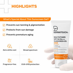 DERMATOUCH Multivitamin SPF 50 PA++++ Sunscreen Gel | Broad Spectrum UVA-UVB Protection | Zero White Cast | Helps Reduce Sun Damage & Skin Barrier Protection | For All Skin Types | 50g