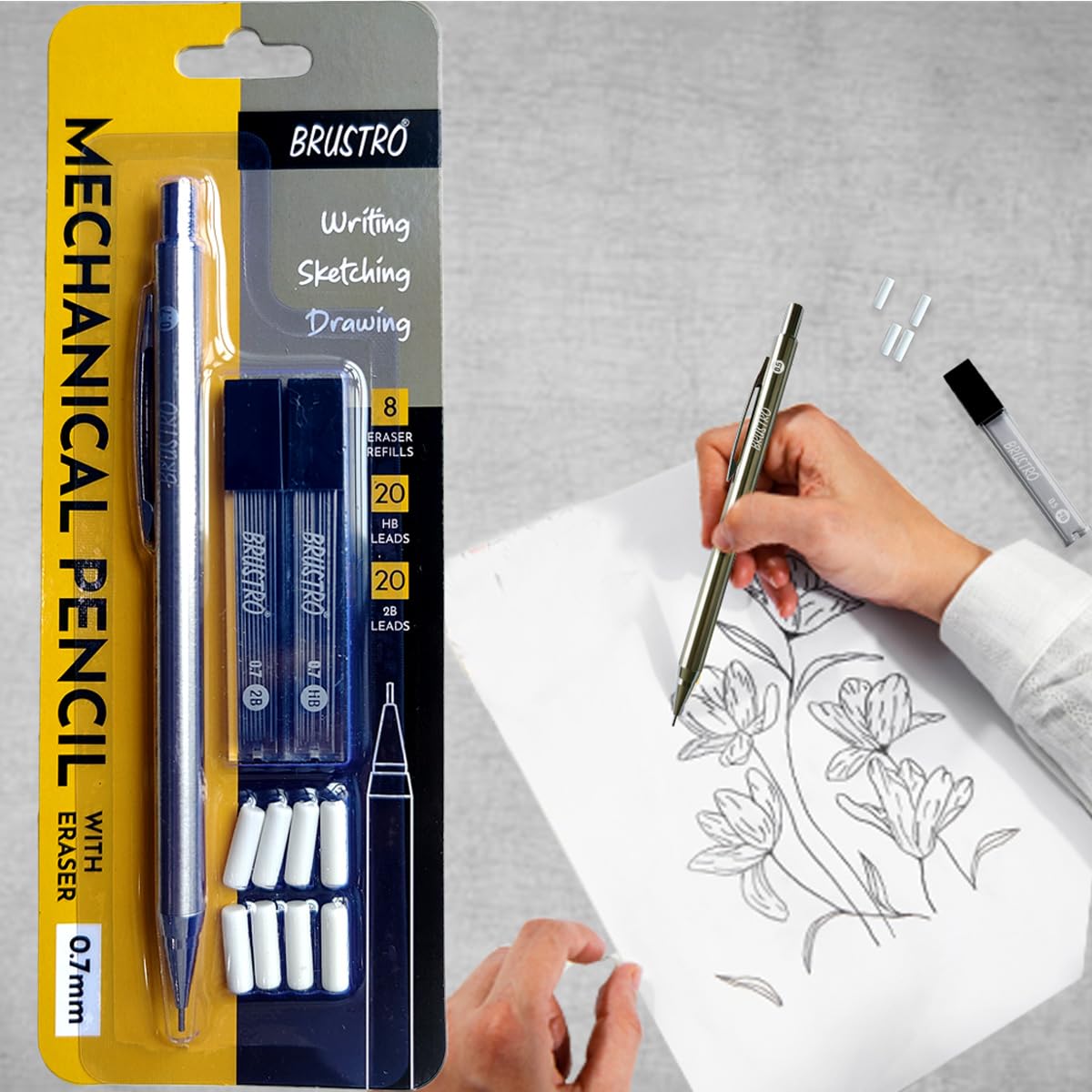 BRUSTRO Mechanical Pencil Set | HB-20 Leads, 2B-20 Leads, Spare Eraser 8 Units | Tip size 0.7 mm | Ideal for Students,Adults, Home, School, Office, Stationery Use