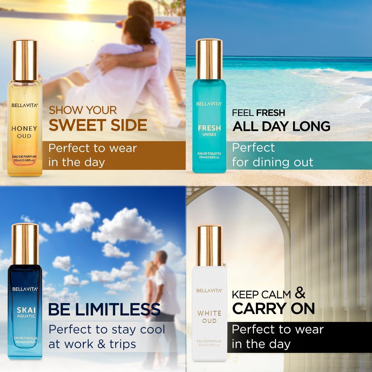 Bella Vita Luxury Unisex | Long Lasting Eau De Parfum Gift Set 4 x 20ml Perfume for Unisex | with SKAI, FRESH, WHITEOUD, HONEY OUD | Premium Fragrance Scent