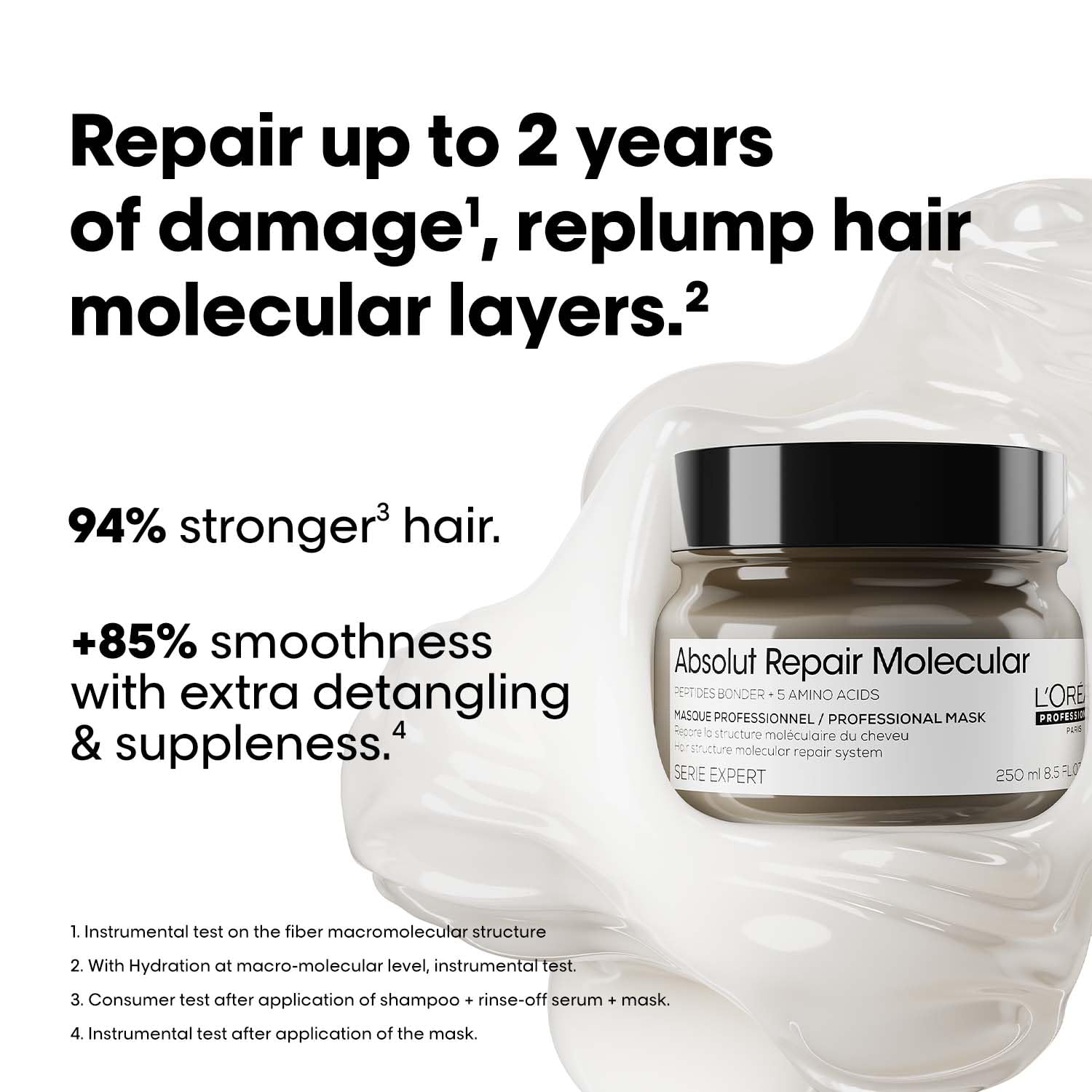 L'Oréal Professionnel Absolut Repair Molecular Deep Repairing Mask for Damaged Hair | Repairs upto 2 years of damage in 1 use| Professional hair mask with 2% Peptides Bonder & 5 Amino Acids | 250ml