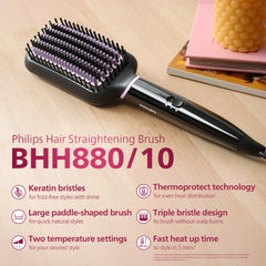PHILIPS Hair Straightener Brush - 5X Better Frizz Free Hair In 5Min I Style With 2X More Volume|Shiny And Smooth Hair I No Scalp Burns I Keratin Bristles I 2 Temperature Settings|Bhh880/10,Black