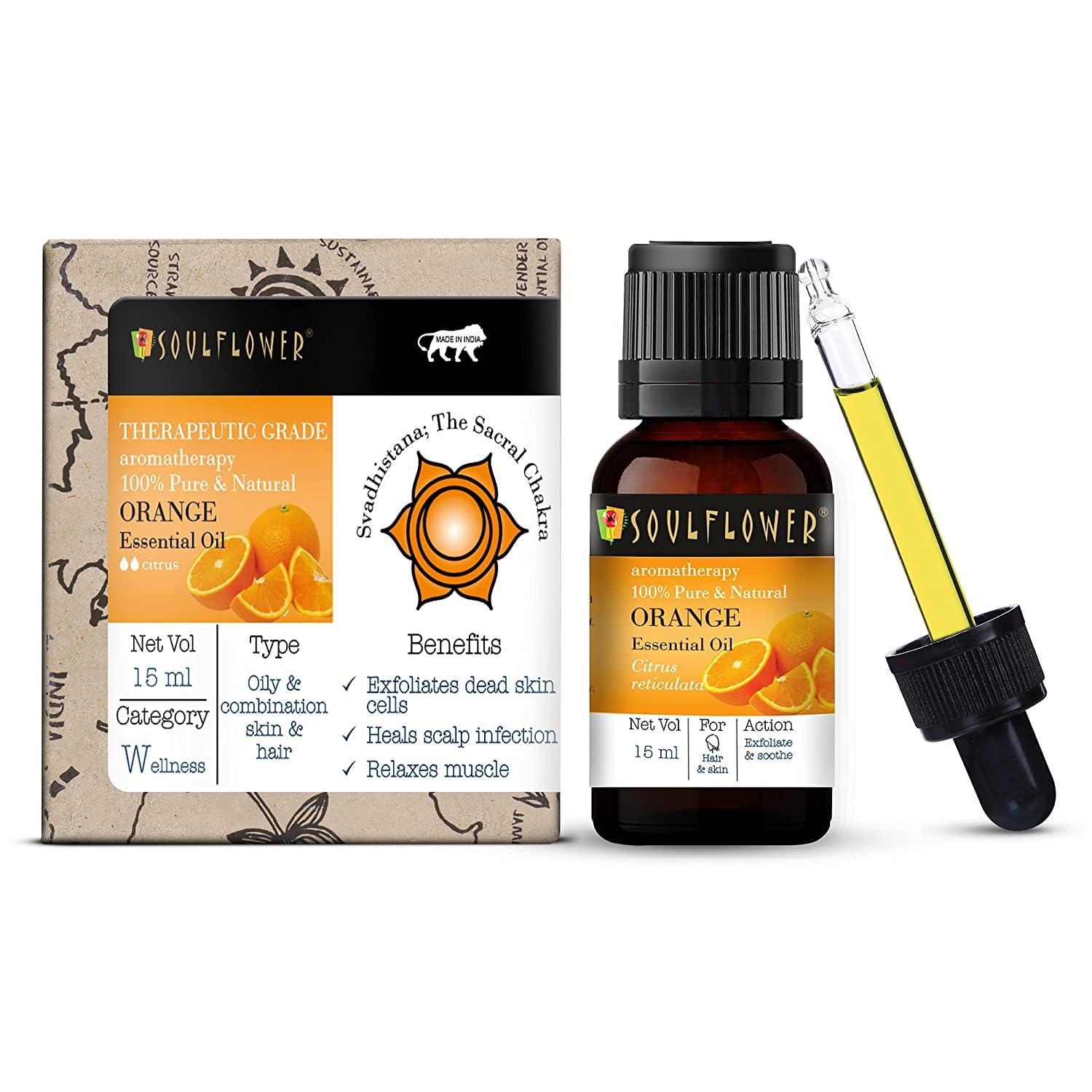 Soulflower Orange Essential Oil | Hydrates Dry Skin, Acne Prone Skin, Hair Nourishment |100% Organic, Pure, Natural & Undiluted, 15ml