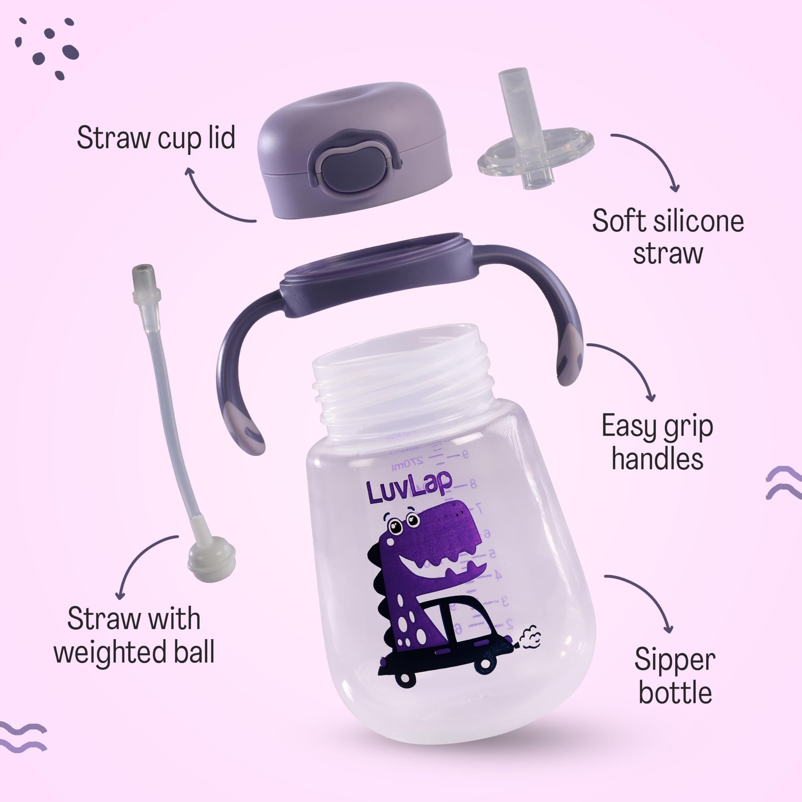 LuvLap Baby Bite Resistant Soft Silicone Straw Sipper Cup with Handle, with Weighted Straw, Sippy Cup with Anti Spill Lock, BPA Free, 6m+, 300 ml, Purple