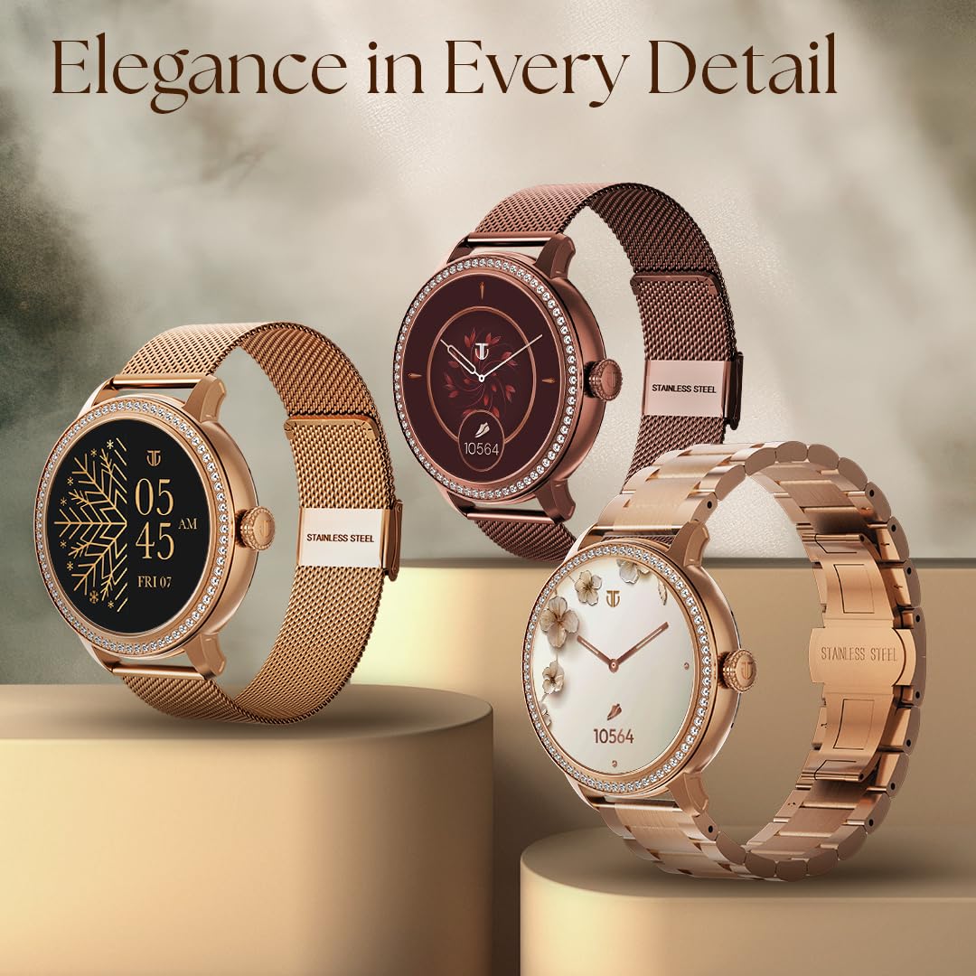 Titan Valerie 1.19" AMOLED Studded Stainless Steel Smart Watch for Women, Next-Gen Chipset, Functional Crown, SOS & BT Calling, Women Wellness Suite, BP & Skin Temp Monitor, Fast Charging (Brown)